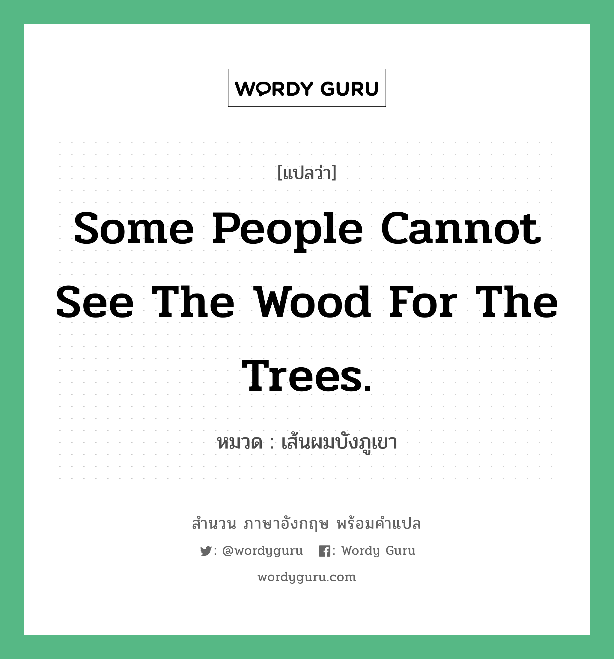 Some people cannot see the wood for the trees. แปลว่า?, สำนวนภาษาอังกฤษ Some people cannot see the wood for the trees. หมวด เส้นผมบังภูเขา คำสุภาษิต ภาษาอังกฤษ หมวด คำสุภาษิต ภาษาอังกฤษ