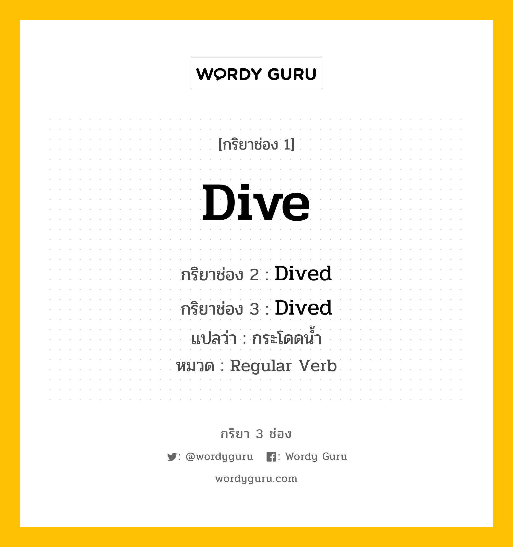 กริยา 3 ช่อง ของ Dive คืออะไร? มาดูคำอ่าน คำแปลกันเลย, กริยาช่อง 1 Dive กริยาช่อง 2 Dived กริยาช่อง 3 Dived แปลว่า กระโดดน้ำ หมวด Regular Verb มีหลายแบบ y หมวด Regular Verb