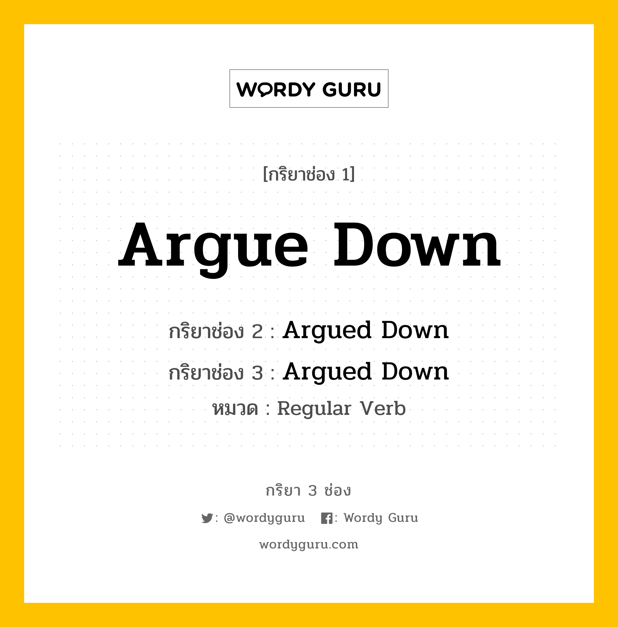 กริยา 3 ช่อง: Argue Down ช่อง 2 Argue Down ช่อง 3 คืออะไร, กริยาช่อง 1 Argue Down กริยาช่อง 2 Argued Down กริยาช่อง 3 Argued Down หมวด Regular Verb หมวด Regular Verb