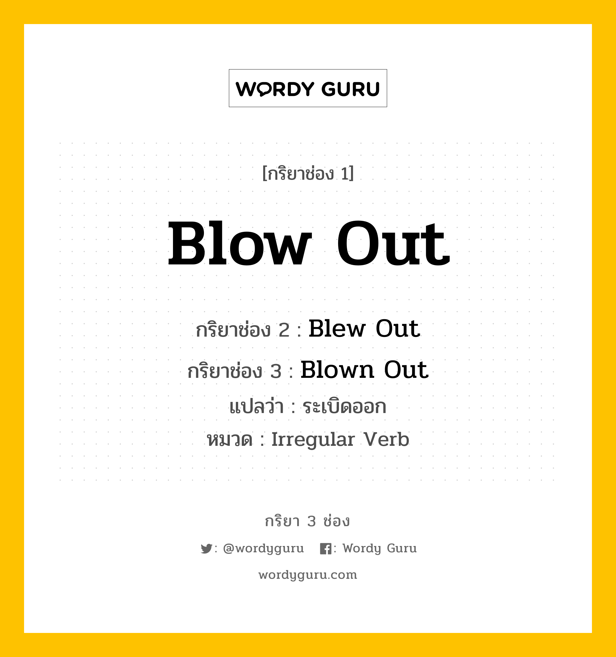 Blow Out มีกริยา 3 ช่องอะไรบ้าง? คำศัพท์ในกลุ่มประเภท Irregular Verb, กริยาช่อง 1 Blow Out กริยาช่อง 2 Blew Out กริยาช่อง 3 Blown Out แปลว่า ระเบิดออก หมวด Irregular Verb หมวด Irregular Verb