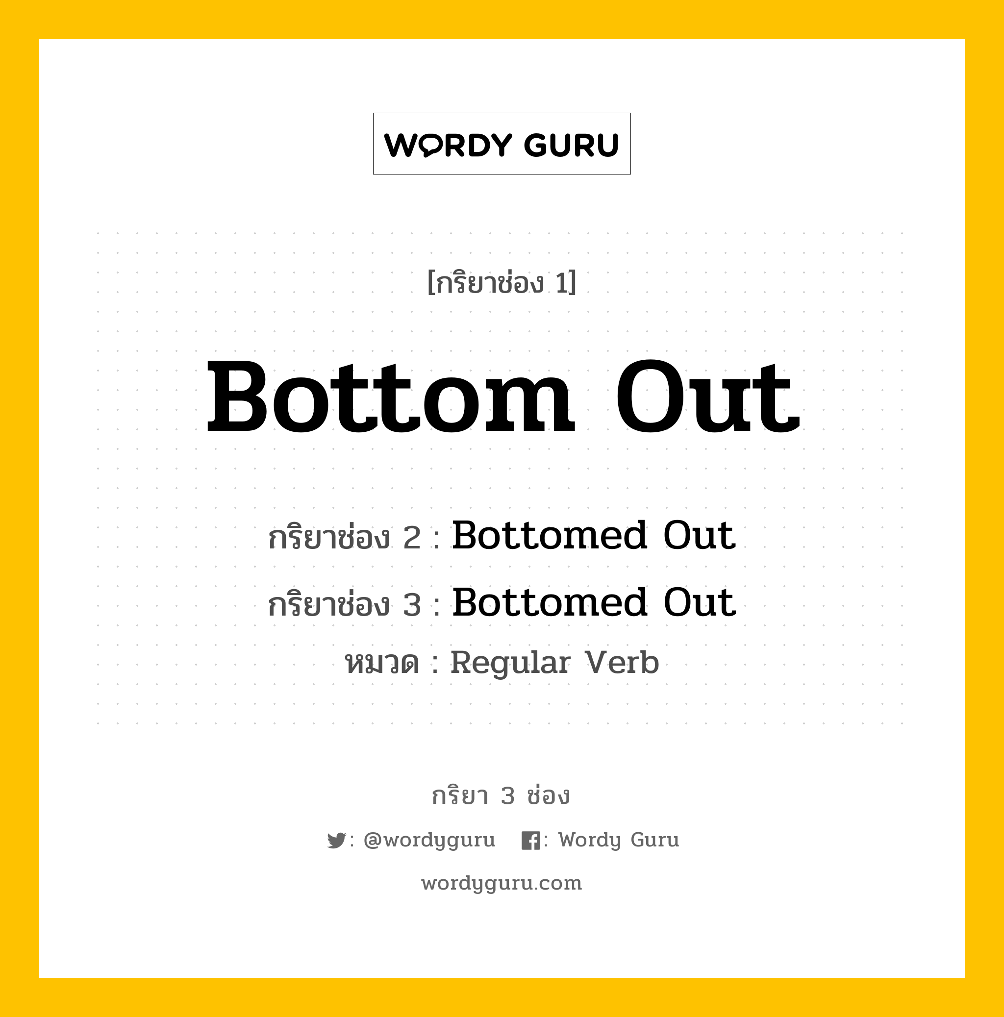 กริยา 3 ช่อง ของ Bottom Out คืออะไร? มาดูคำอ่าน คำแปลกันเลย, กริยาช่อง 1 Bottom Out กริยาช่อง 2 Bottomed Out กริยาช่อง 3 Bottomed Out หมวด Regular Verb หมวด Regular Verb