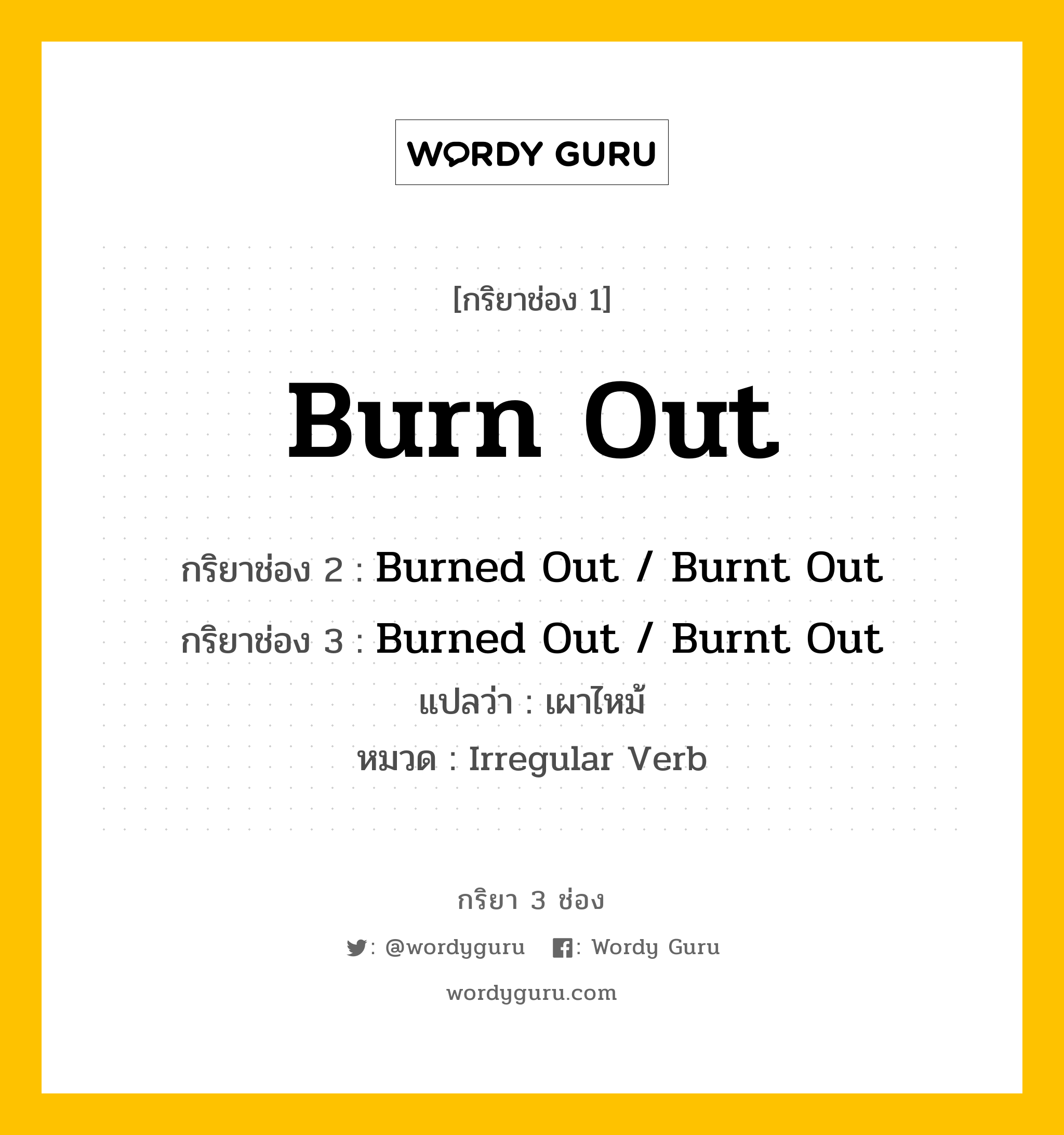 กริยา 3 ช่อง ของ Burn Out คืออะไร? มาดูคำอ่าน คำแปลกันเลย, กริยาช่อง 1 Burn Out กริยาช่อง 2 Burned Out / Burnt Out กริยาช่อง 3 Burned Out / Burnt Out แปลว่า เผาไหม้ หมวด Irregular Verb หมวด Irregular Verb