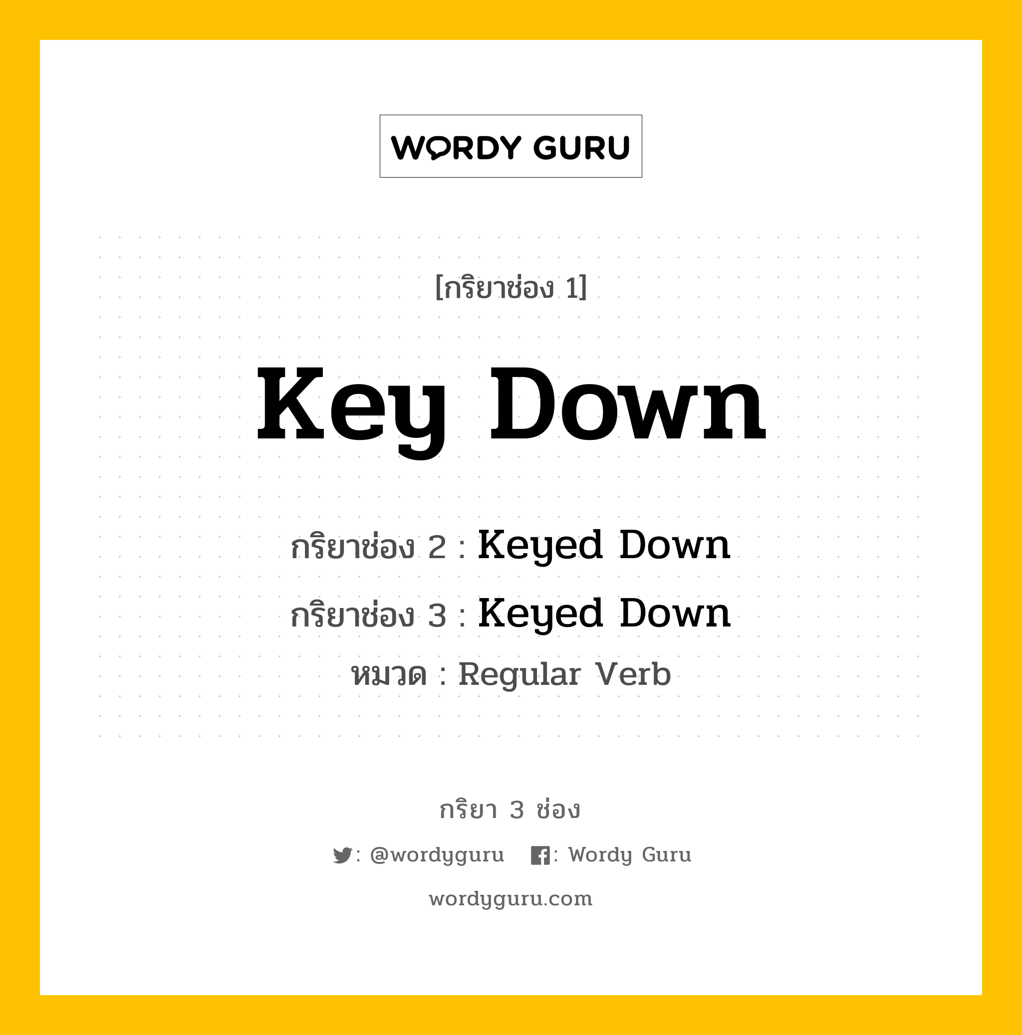 กริยา 3 ช่อง ของ Key Down คืออะไร? มาดูคำอ่าน คำแปลกันเลย, กริยาช่อง 1 Key Down กริยาช่อง 2 Keyed Down กริยาช่อง 3 Keyed Down หมวด Regular Verb หมวด Regular Verb