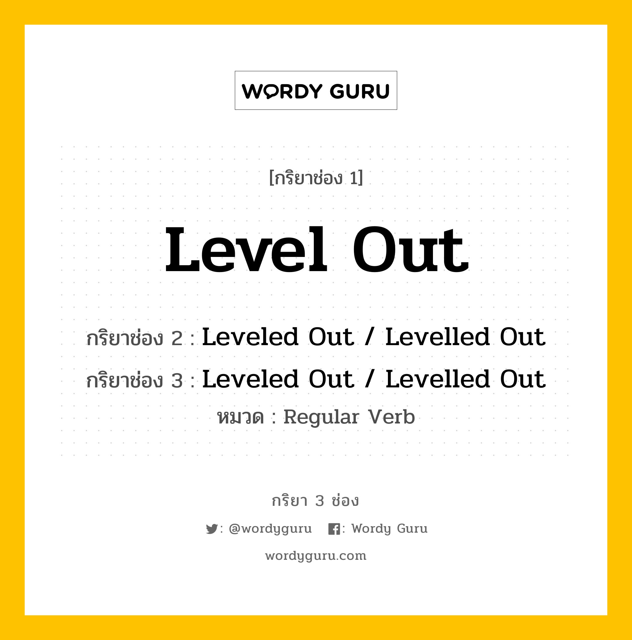 กริยา 3 ช่อง: Level Out ช่อง 2 Level Out ช่อง 3 คืออะไร, กริยาช่อง 1 Level Out กริยาช่อง 2 Leveled Out / Levelled Out กริยาช่อง 3 Leveled Out / Levelled Out หมวด Regular Verb หมวด Regular Verb