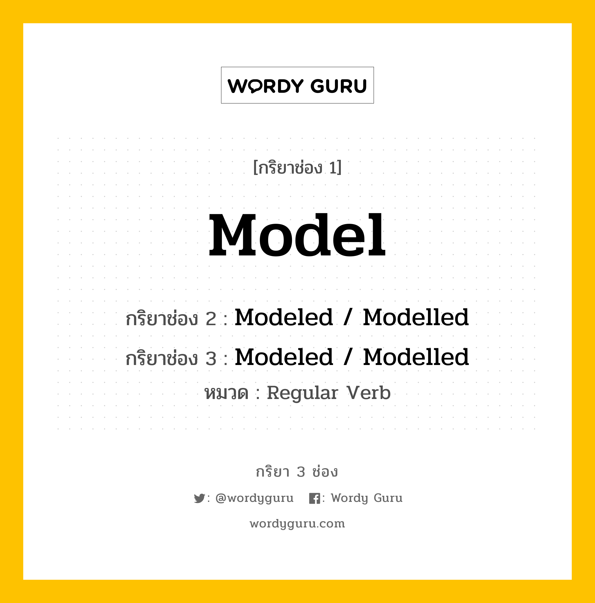 กริยา 3 ช่อง ของ Model คืออะไร? มาดูคำอ่าน คำแปลกันเลย, กริยาช่อง 1 Model กริยาช่อง 2 Modeled / Modelled กริยาช่อง 3 Modeled / Modelled หมวด Regular Verb หมวด Regular Verb