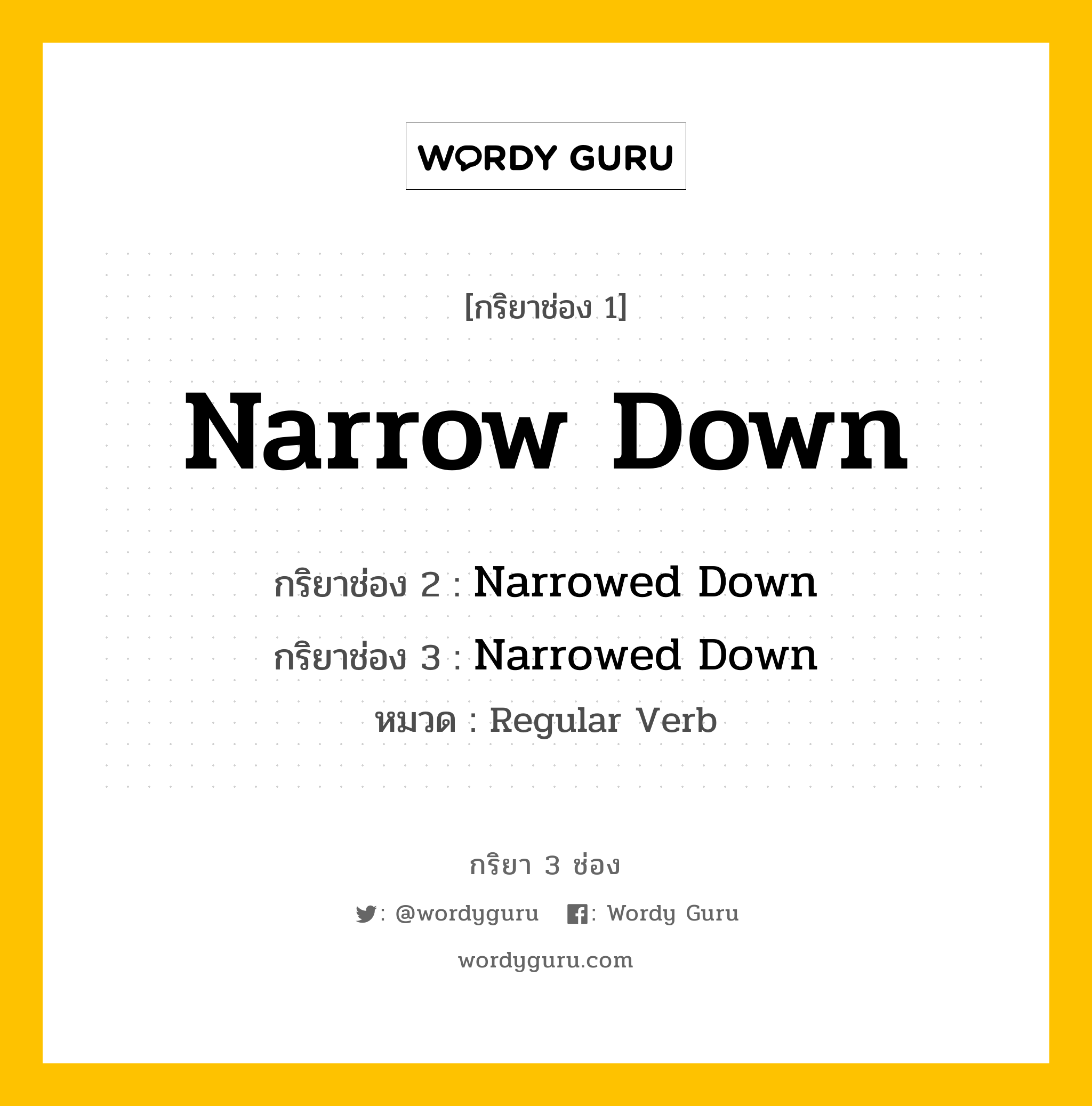 กริยา 3 ช่อง ของ Narrow Down คืออะไร? มาดูคำอ่าน คำแปลกันเลย, กริยาช่อง 1 Narrow Down กริยาช่อง 2 Narrowed Down กริยาช่อง 3 Narrowed Down หมวด Regular Verb หมวด Regular Verb
