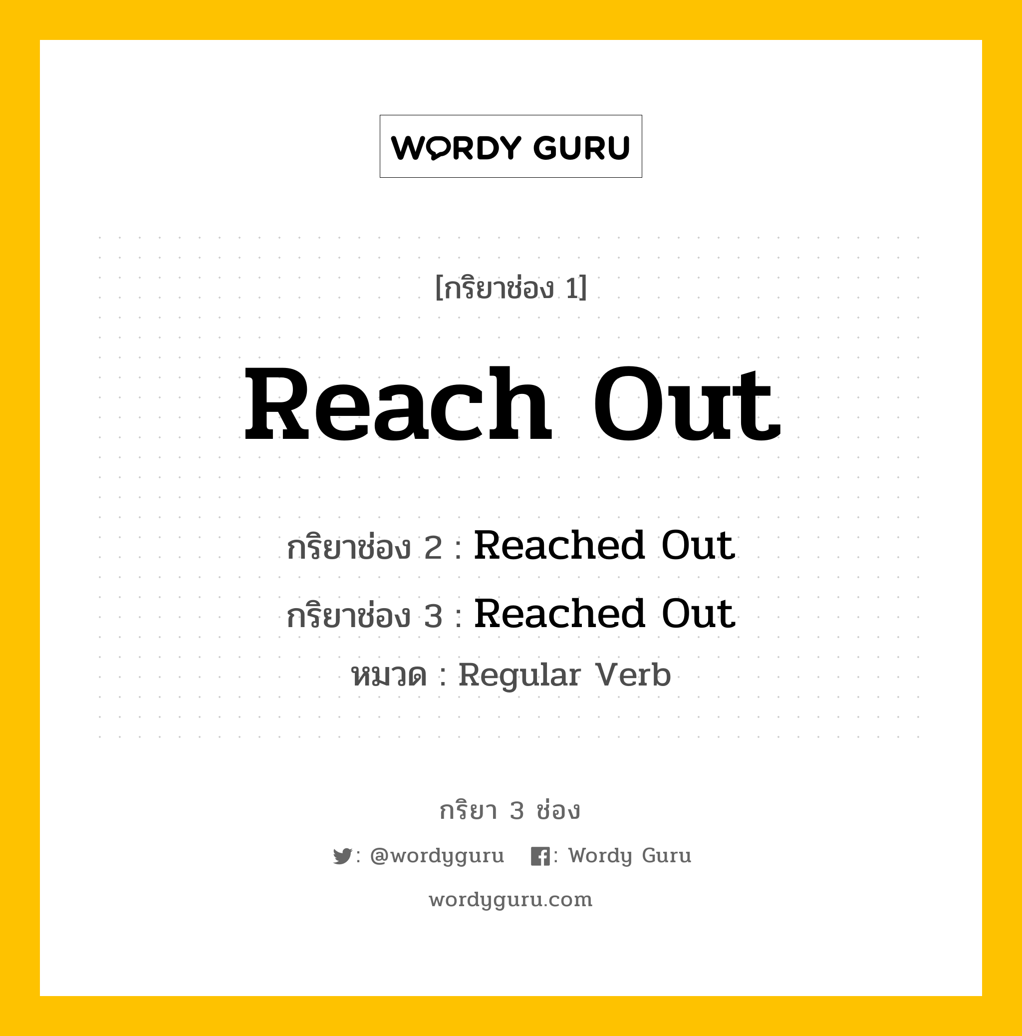 กริยา 3 ช่อง ของ Reach Out คืออะไร? มาดูคำอ่าน คำแปลกันเลย, กริยาช่อง 1 Reach Out กริยาช่อง 2 Reached Out กริยาช่อง 3 Reached Out หมวด Regular Verb หมวด Regular Verb