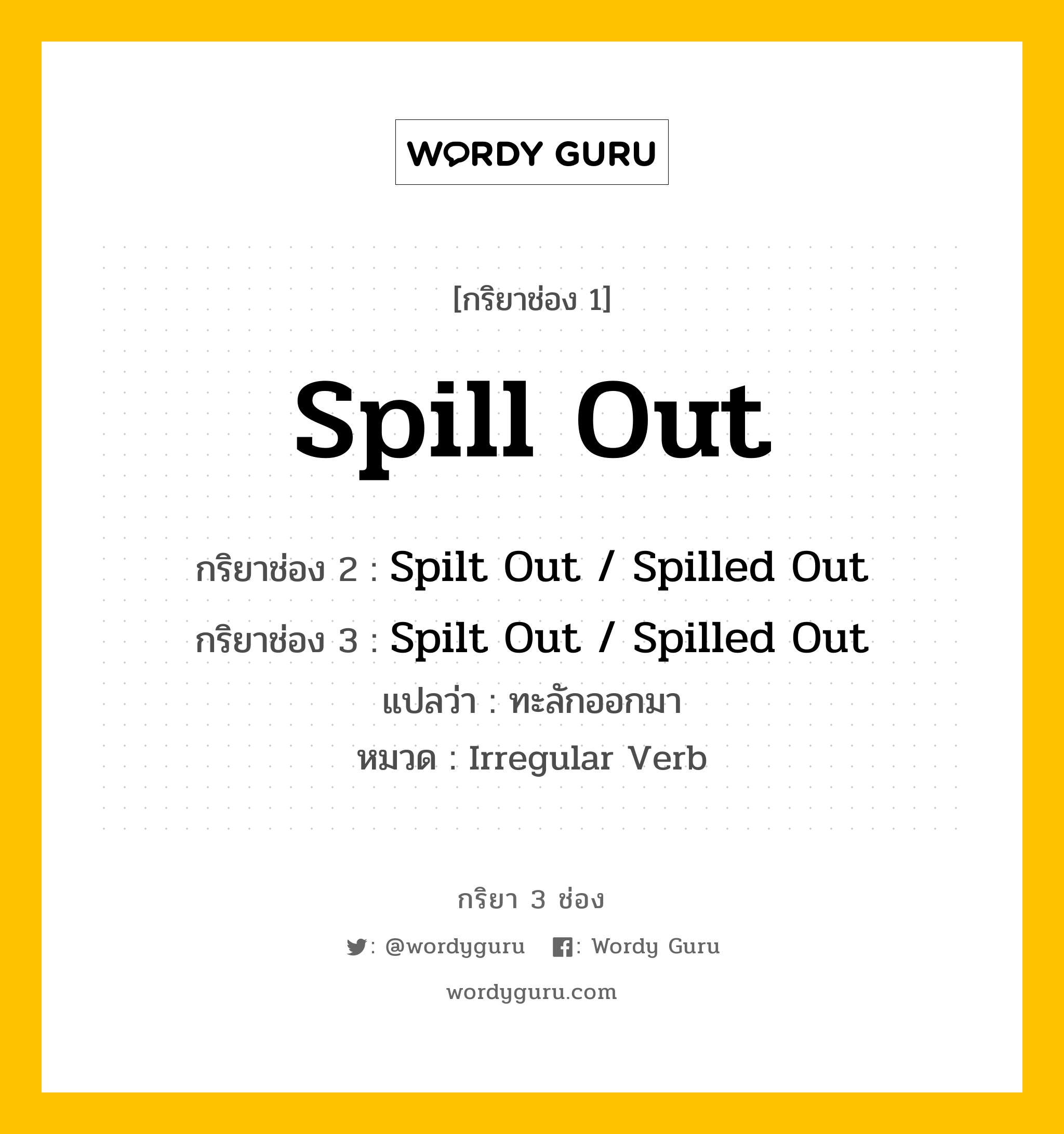 กริยา 3 ช่อง ของ Spill Out คืออะไร? มาดูคำอ่าน คำแปลกันเลย, กริยาช่อง 1 Spill Out กริยาช่อง 2 Spilt Out / Spilled Out กริยาช่อง 3 Spilt Out / Spilled Out แปลว่า ทะลักออกมา หมวด Irregular Verb หมวด Irregular Verb