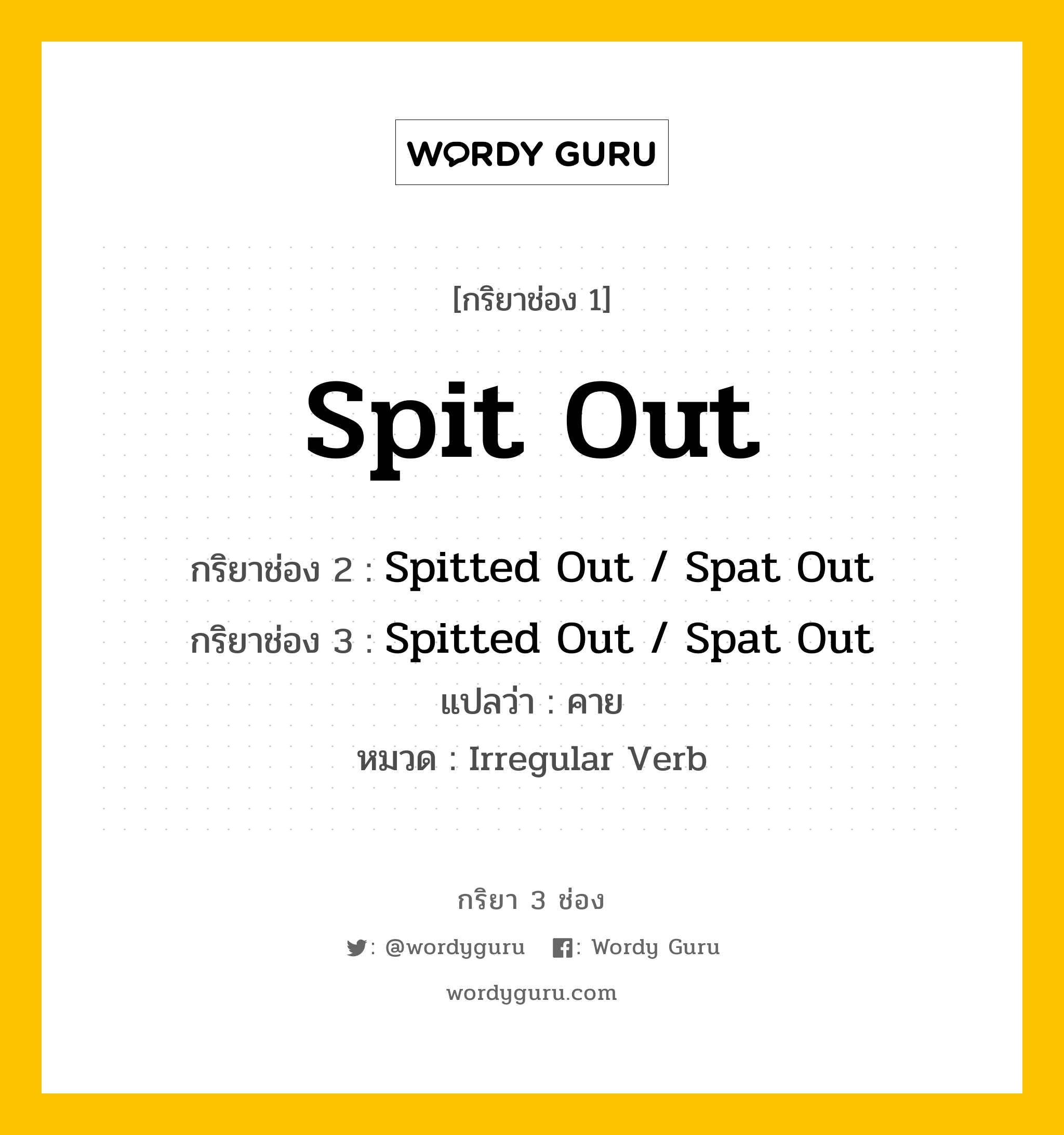กริยา 3 ช่อง ของ Spit Out คืออะไร? มาดูคำอ่าน คำแปลกันเลย, กริยาช่อง 1 Spit Out กริยาช่อง 2 Spitted Out / Spat Out กริยาช่อง 3 Spitted Out / Spat Out แปลว่า คาย หมวด Irregular Verb หมวด Irregular Verb