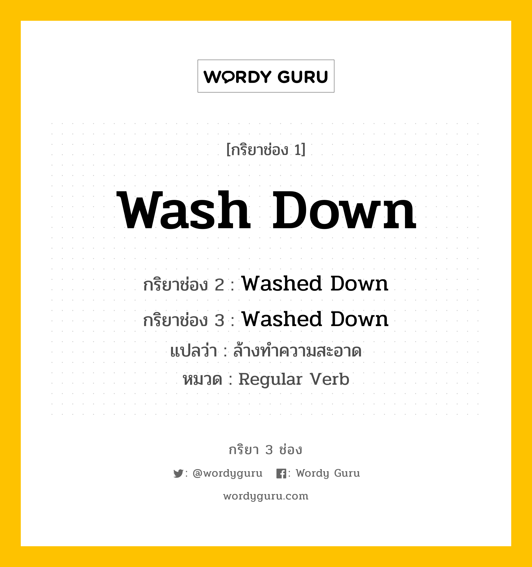 กริยา 3 ช่อง ของ Wash Down คืออะไร? มาดูคำอ่าน คำแปลกันเลย, กริยาช่อง 1 Wash Down กริยาช่อง 2 Washed Down กริยาช่อง 3 Washed Down แปลว่า ล้างทำความสะอาด หมวด Regular Verb หมวด Regular Verb