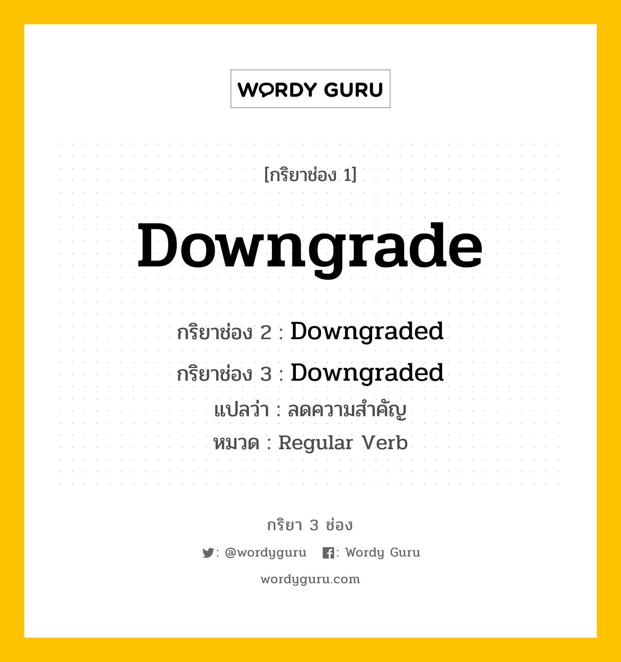 Downgrade มีกริยา 3 ช่องอะไรบ้าง? คำศัพท์ในกลุ่มประเภท Regular Verb, กริยาช่อง 1 Downgrade กริยาช่อง 2 Downgraded กริยาช่อง 3 Downgraded แปลว่า ลดความสำคัญ หมวด Regular Verb หมวด Regular Verb