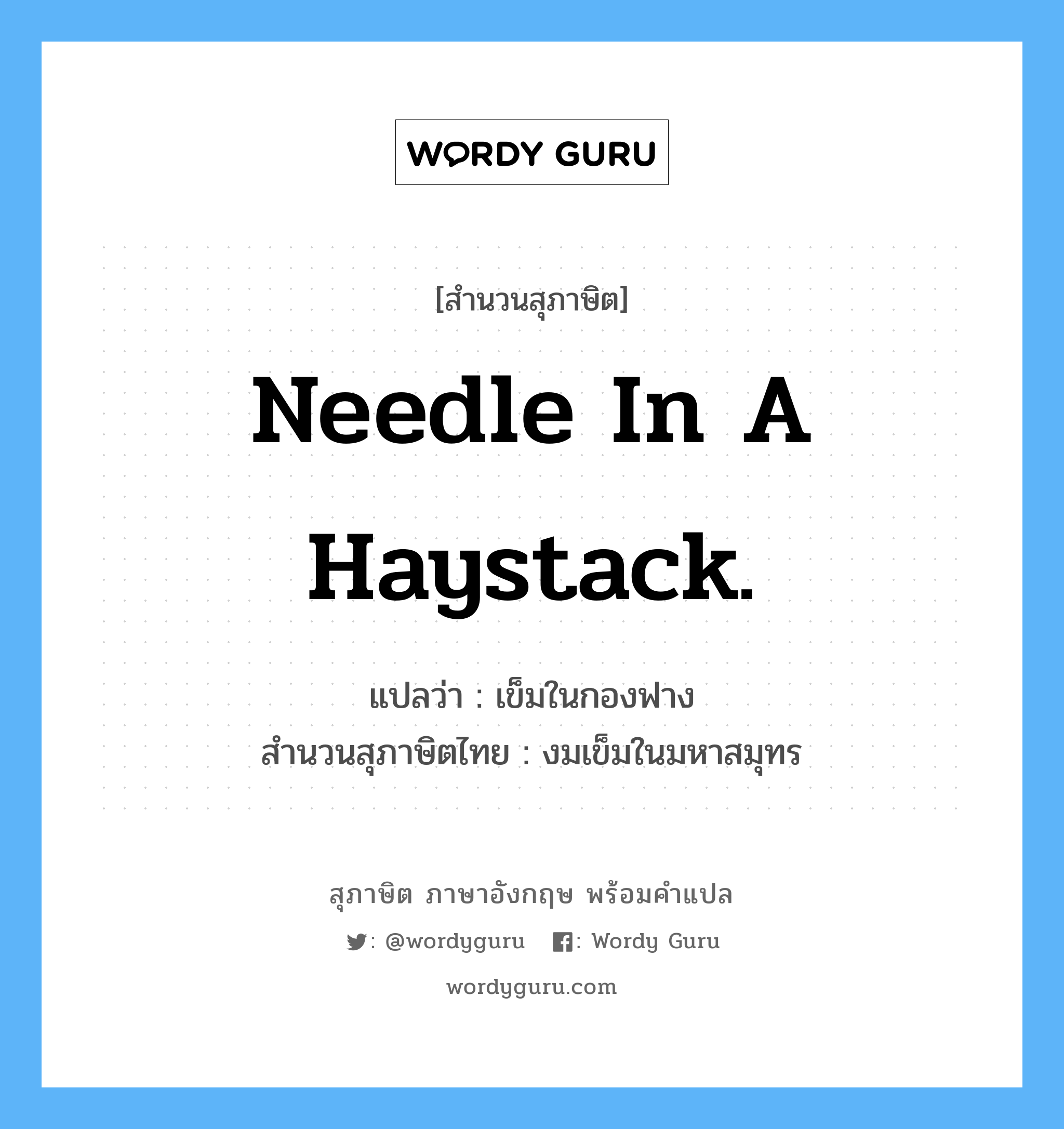 Needle in a haystack. แปลว่า?, สำนวนสุภาษิต ภาษาอังกฤษ Needle in a haystack. แปลว่า เข็มในกองฟาง สำนวนสุภาษิตไทย งมเข็มในมหาสมุทร