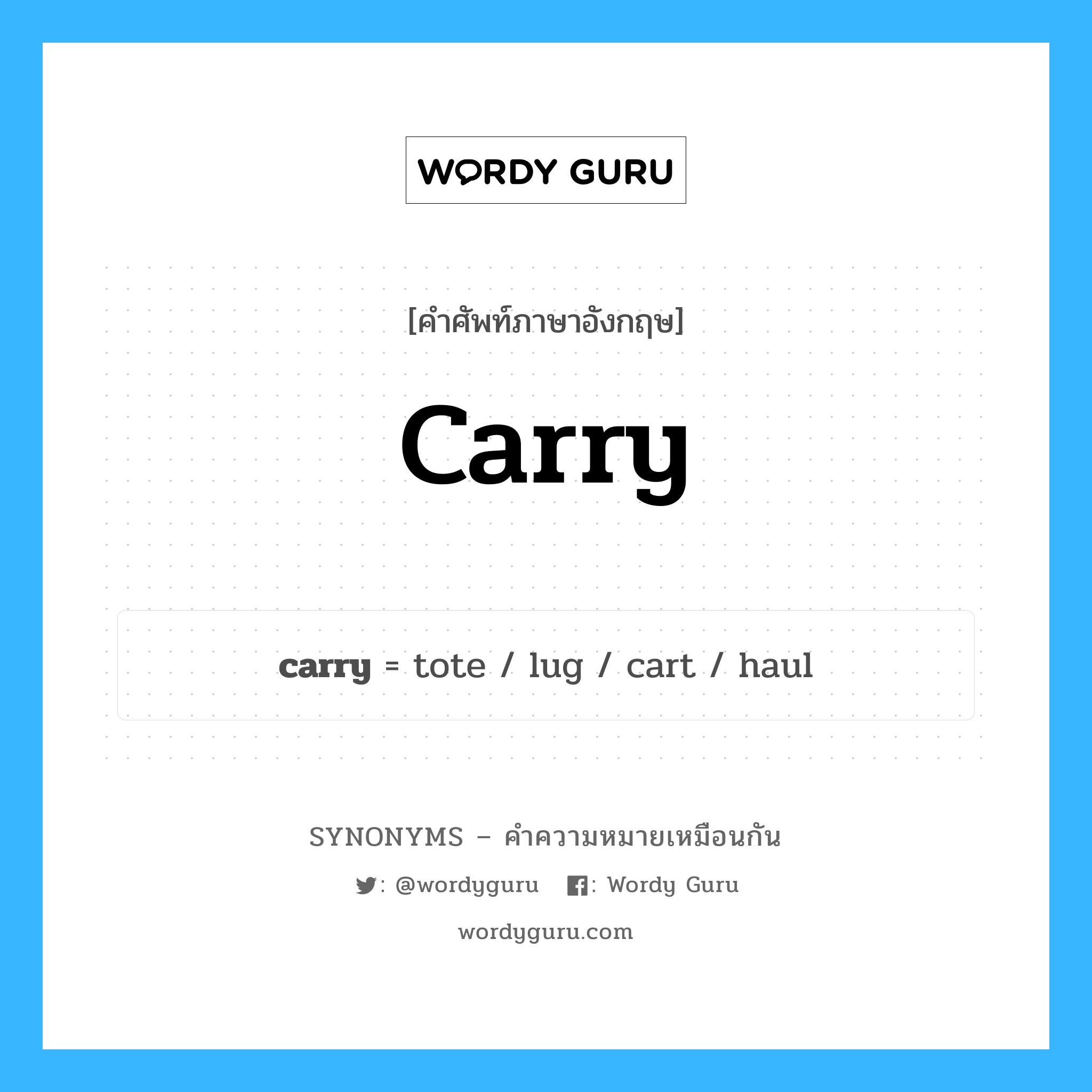 tote เป็นหนึ่งใน carry และมีคำอื่น ๆ อีกดังนี้, คำศัพท์ภาษาอังกฤษ tote ความหมายคล้ายกันกับ carry แปลว่า กระเป๋า หมวด carry