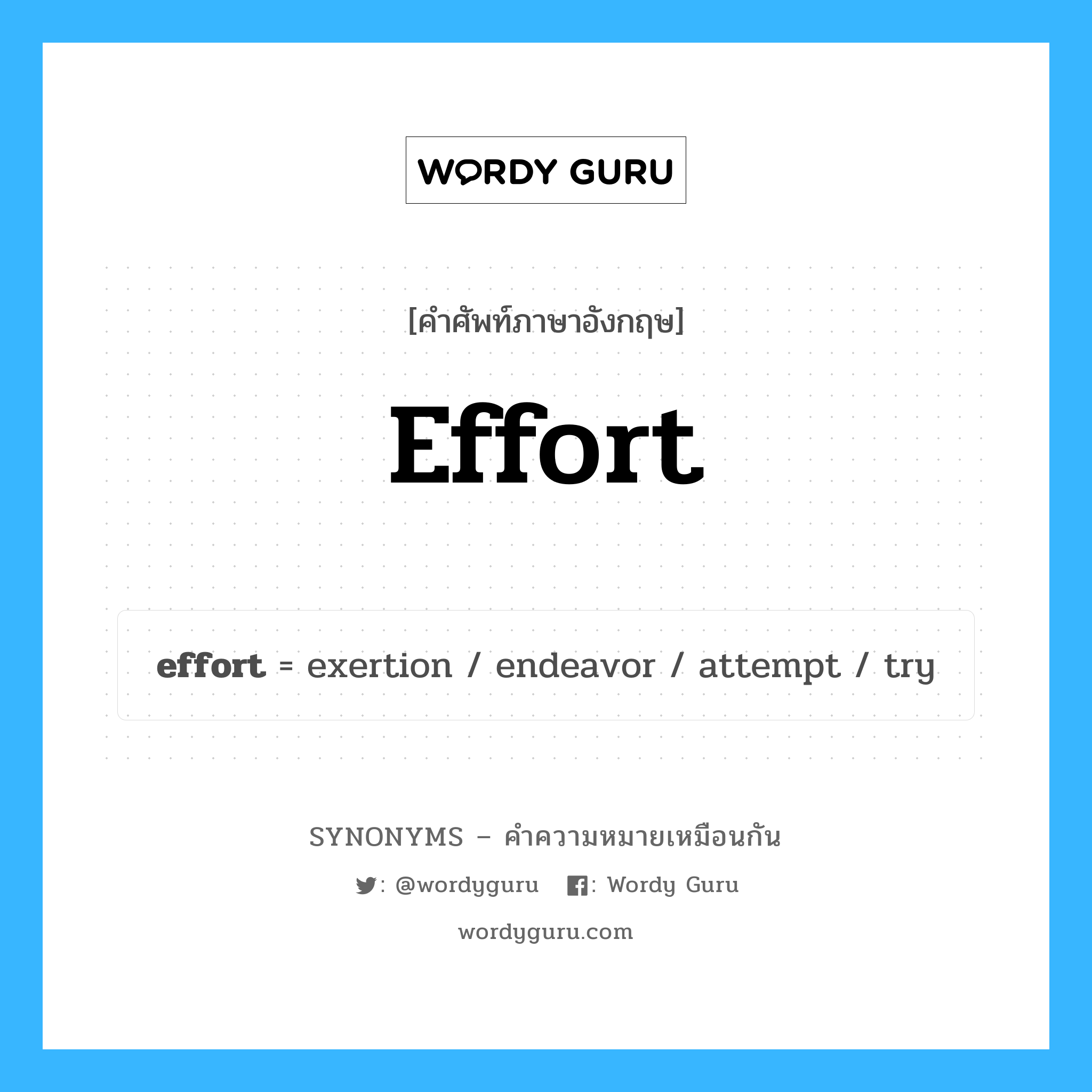 effort เป็นหนึ่งใน try และมีคำอื่น ๆ อีกดังนี้, คำศัพท์ภาษาอังกฤษ effort ความหมายคล้ายกันกับ try แปลว่า ลอง หมวด try