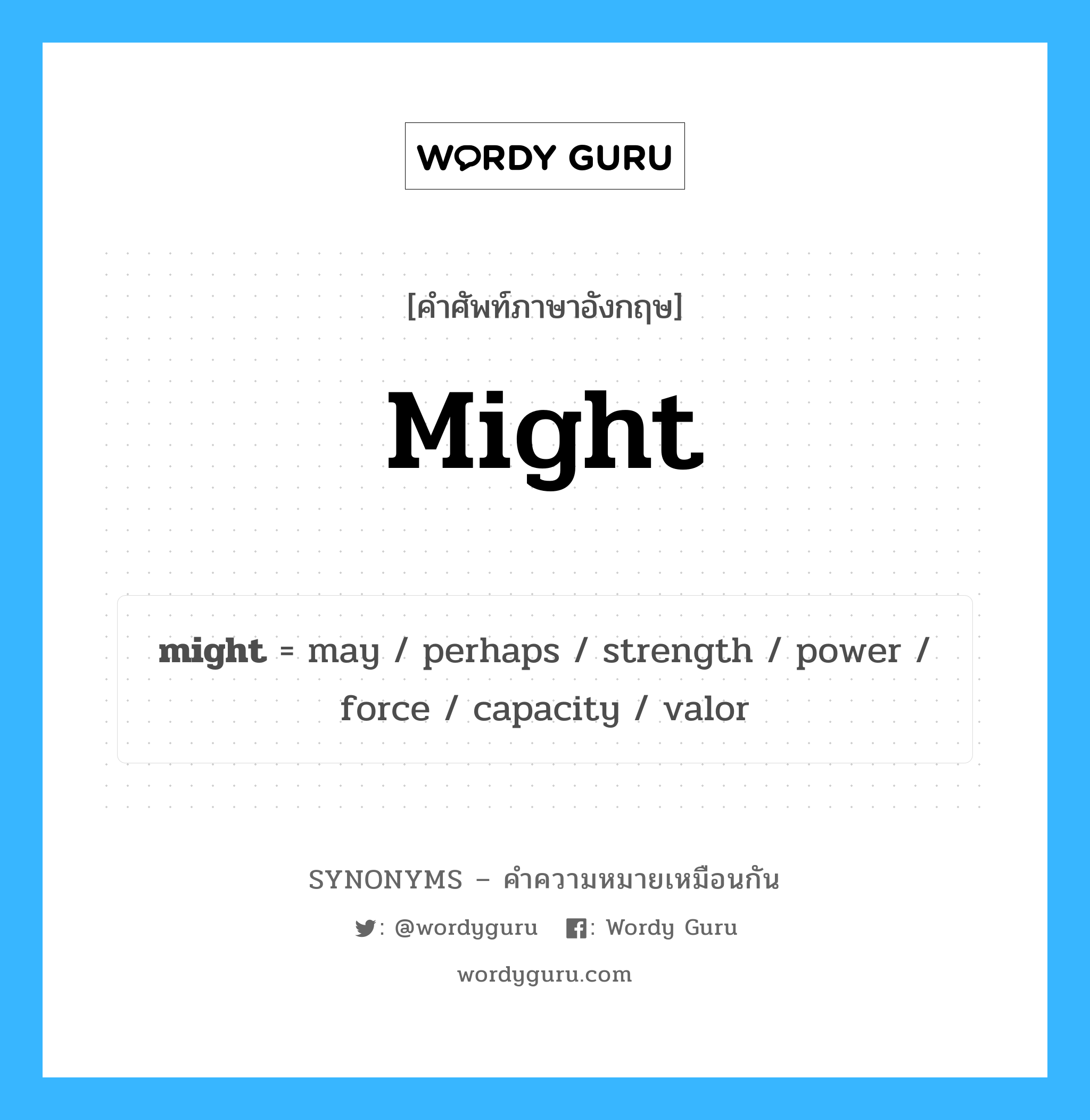 might เป็นหนึ่งใน power และมีคำอื่น ๆ อีกดังนี้, คำศัพท์ภาษาอังกฤษ might ความหมายคล้ายกันกับ power แปลว่า พลังงาน หมวด power