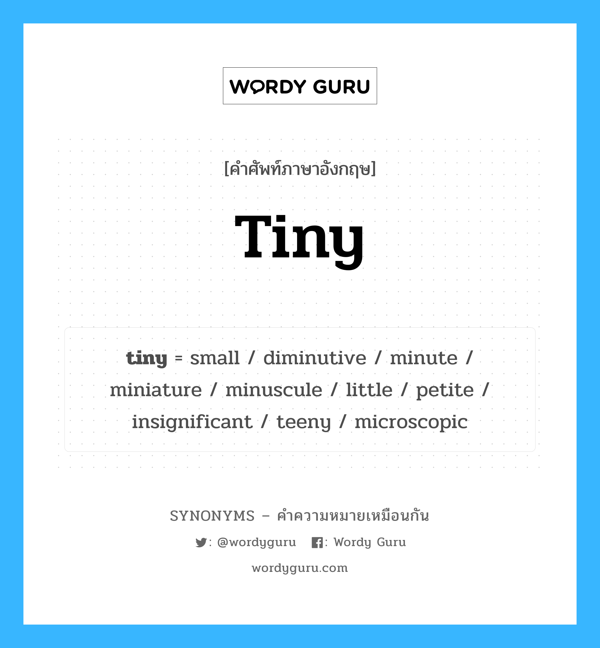 tiny เป็นหนึ่งใน small และมีคำอื่น ๆ อีกดังนี้, คำศัพท์ภาษาอังกฤษ tiny ความหมายคล้ายกันกับ small แปลว่า ขนาดเล็ก หมวด small