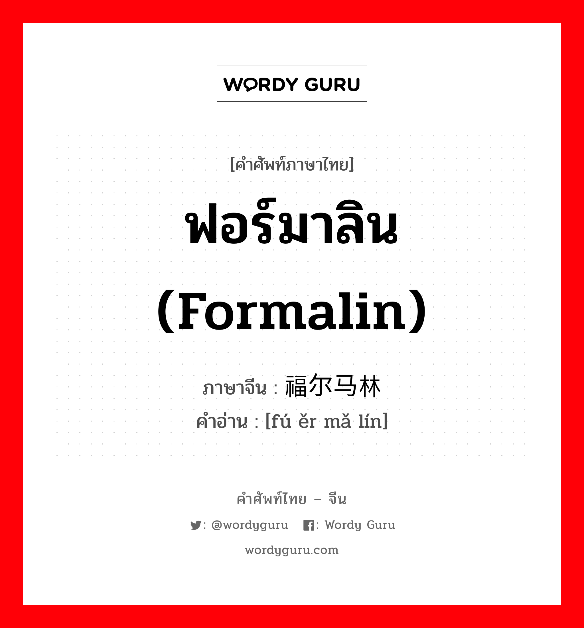 ฟอร์มาลิน (formalin) ภาษาจีนคืออะไร, คำศัพท์ภาษาไทย - จีน ฟอร์มาลิน (formalin) ภาษาจีน 福尔马林 คำอ่าน [fú ěr mǎ lín]