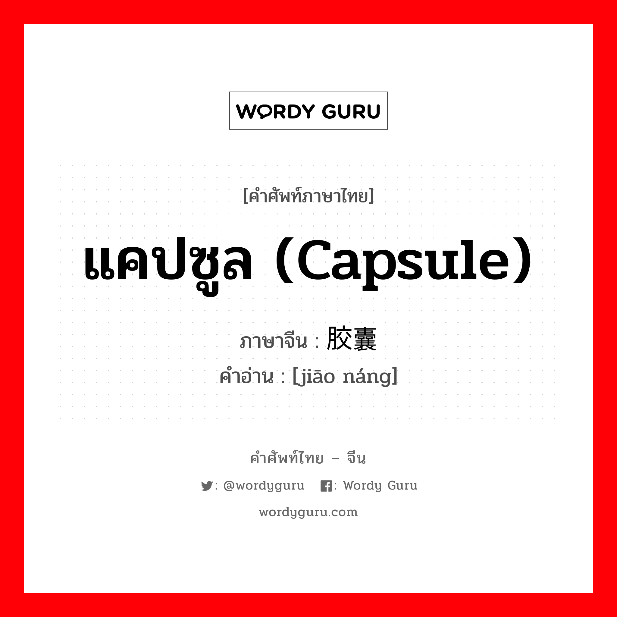 แคปซูล (capsule) ภาษาจีนคืออะไร, คำศัพท์ภาษาไทย - จีน แคปซูล (capsule) ภาษาจีน 胶囊 คำอ่าน [jiāo náng]