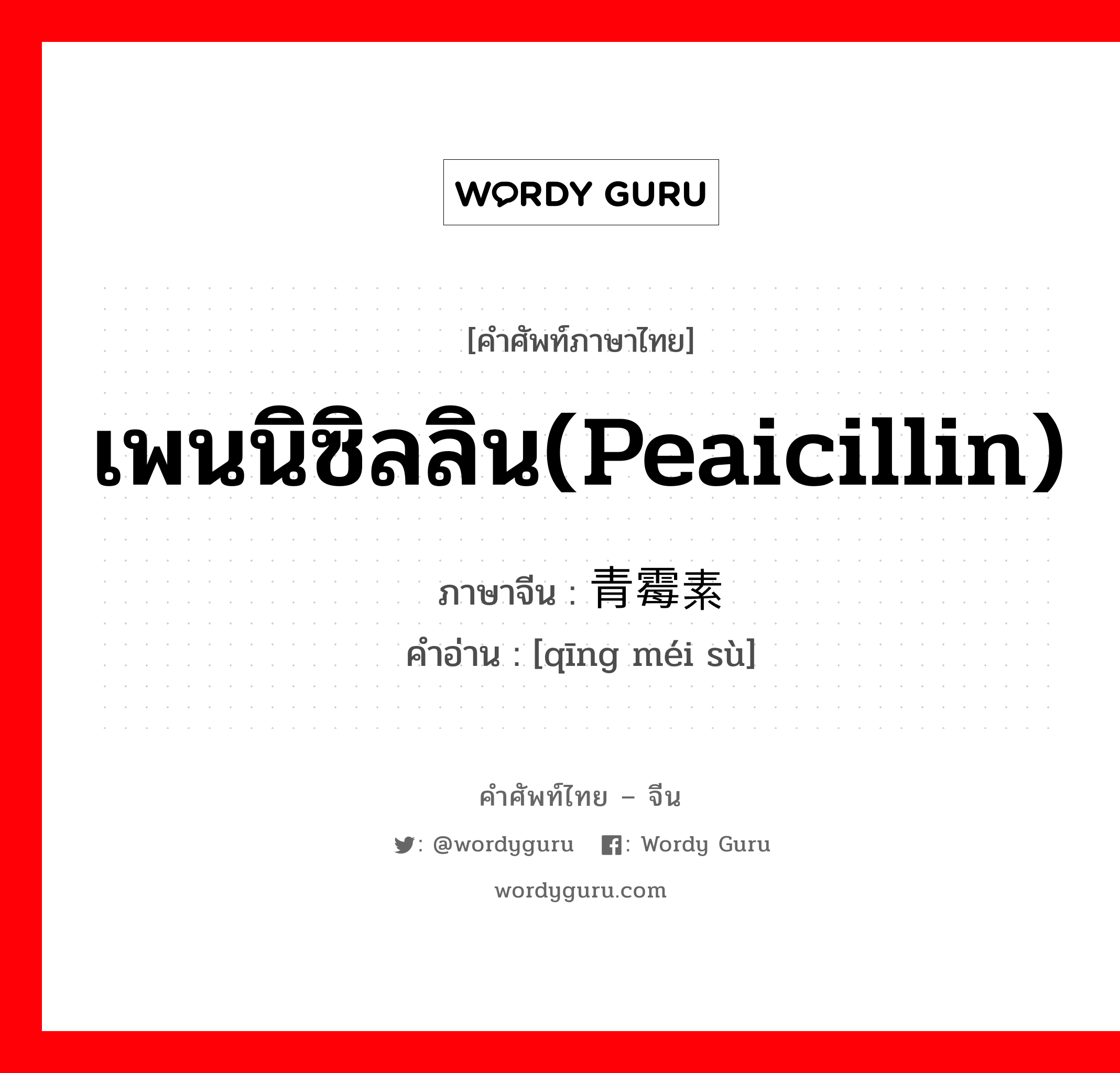 เพนนิซิลลิน(peaicillin) ภาษาจีนคืออะไร, คำศัพท์ภาษาไทย - จีน เพนนิซิลลิน(peaicillin) ภาษาจีน 青霉素 คำอ่าน [qīng méi sù]