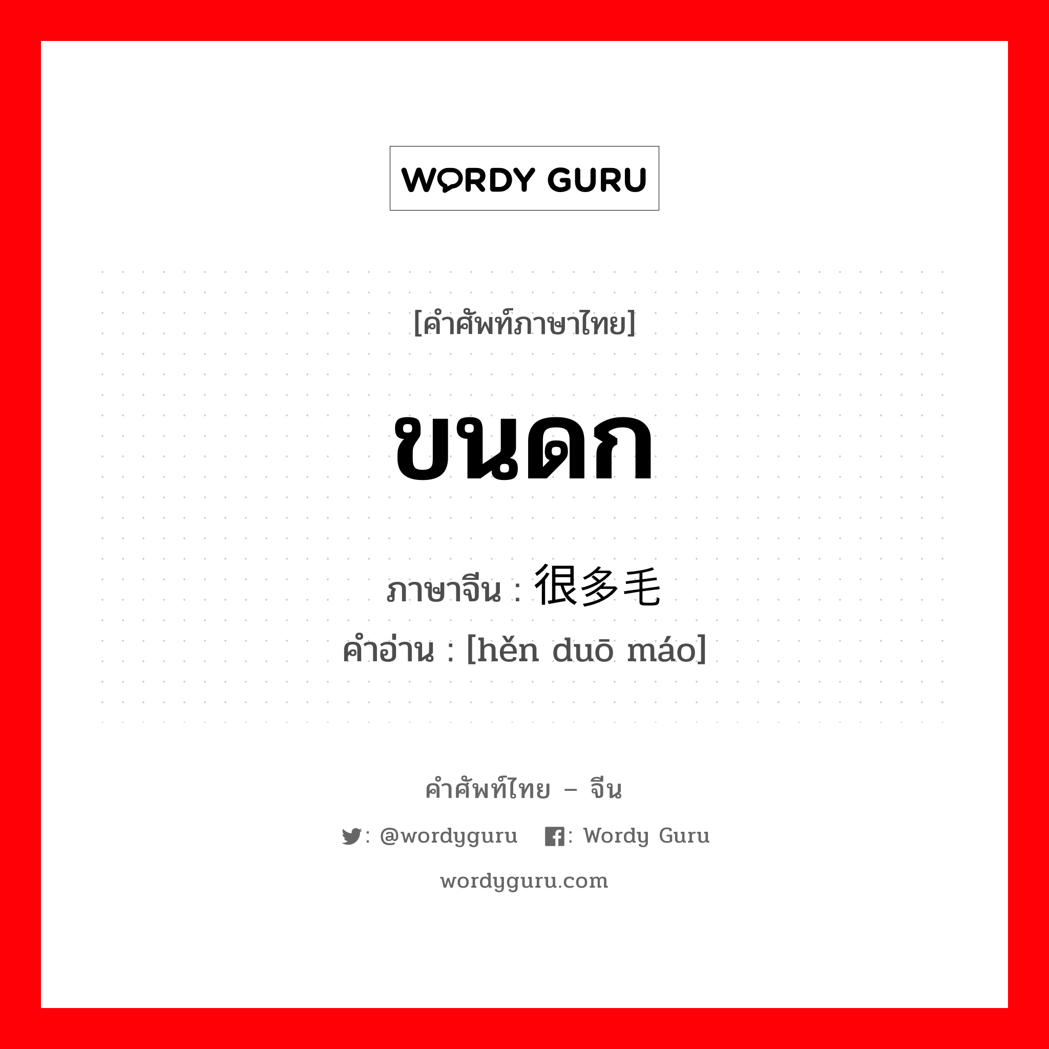 ขนดก ภาษาจีนคืออะไร, คำศัพท์ภาษาไทย - จีน ขนดก ภาษาจีน 很多毛 คำอ่าน [hěn duō máo]