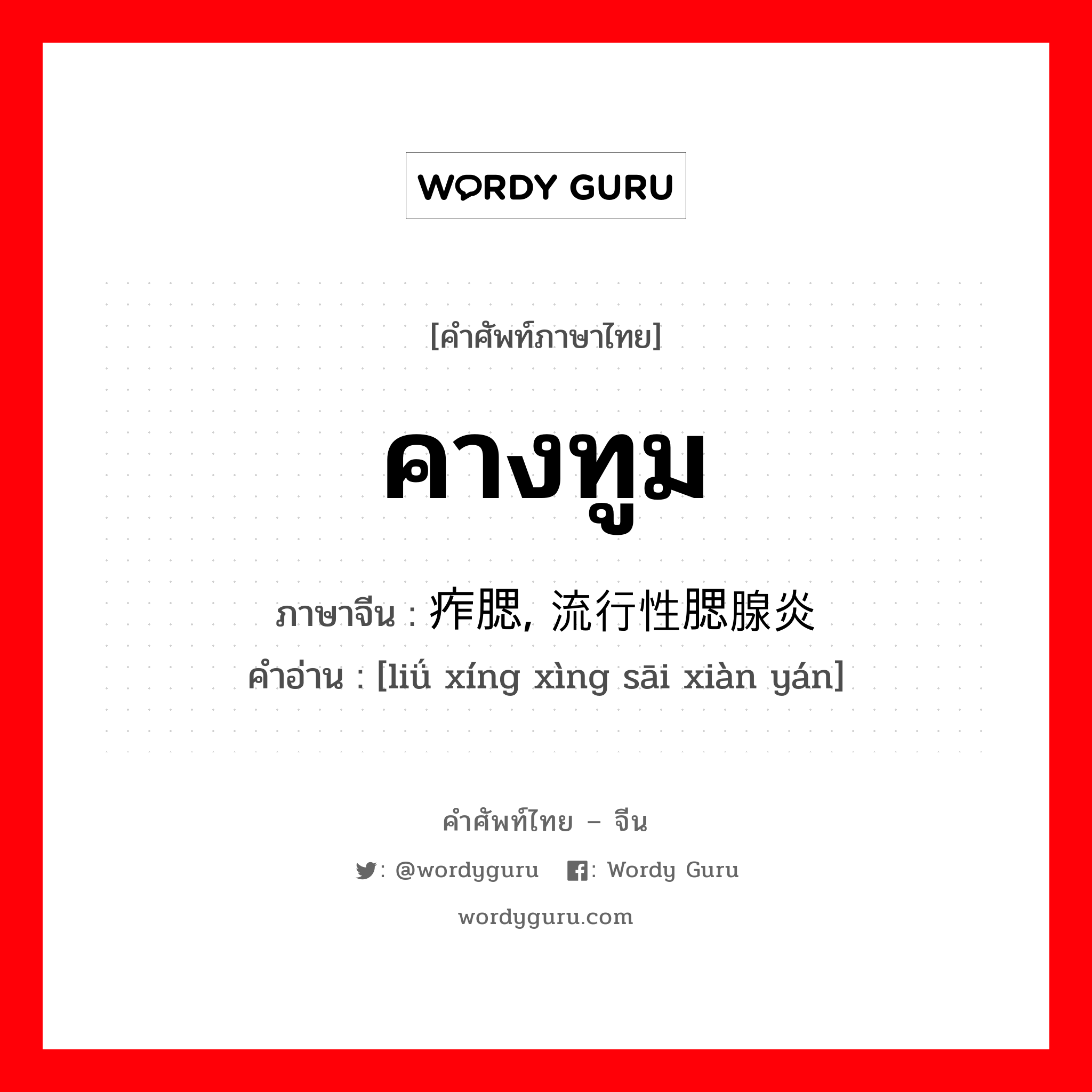 คางทูม ภาษาจีนคืออะไร, คำศัพท์ภาษาไทย - จีน คางทูม ภาษาจีน 痄腮, 流行性腮腺炎 คำอ่าน [liǘ xíng xìng sāi xiàn yán]