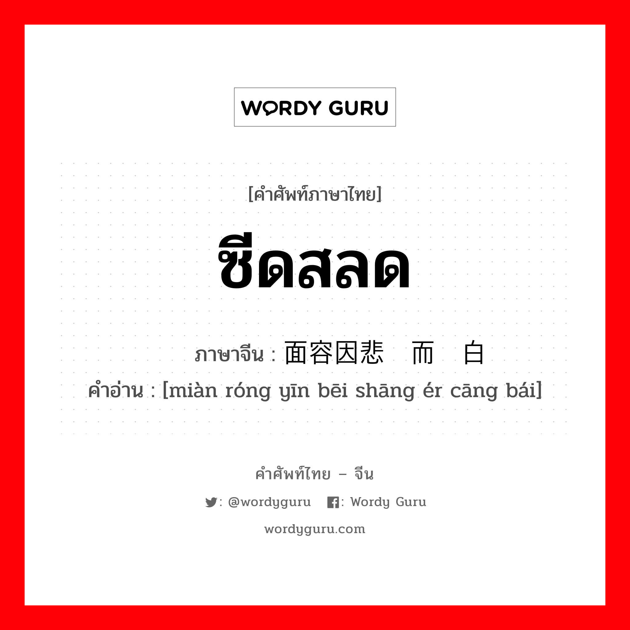 ซีดสลด ภาษาจีนคืออะไร, คำศัพท์ภาษาไทย - จีน ซีดสลด ภาษาจีน 面容因悲伤而苍白 คำอ่าน [miàn róng yīn bēi shāng ér cāng bái]