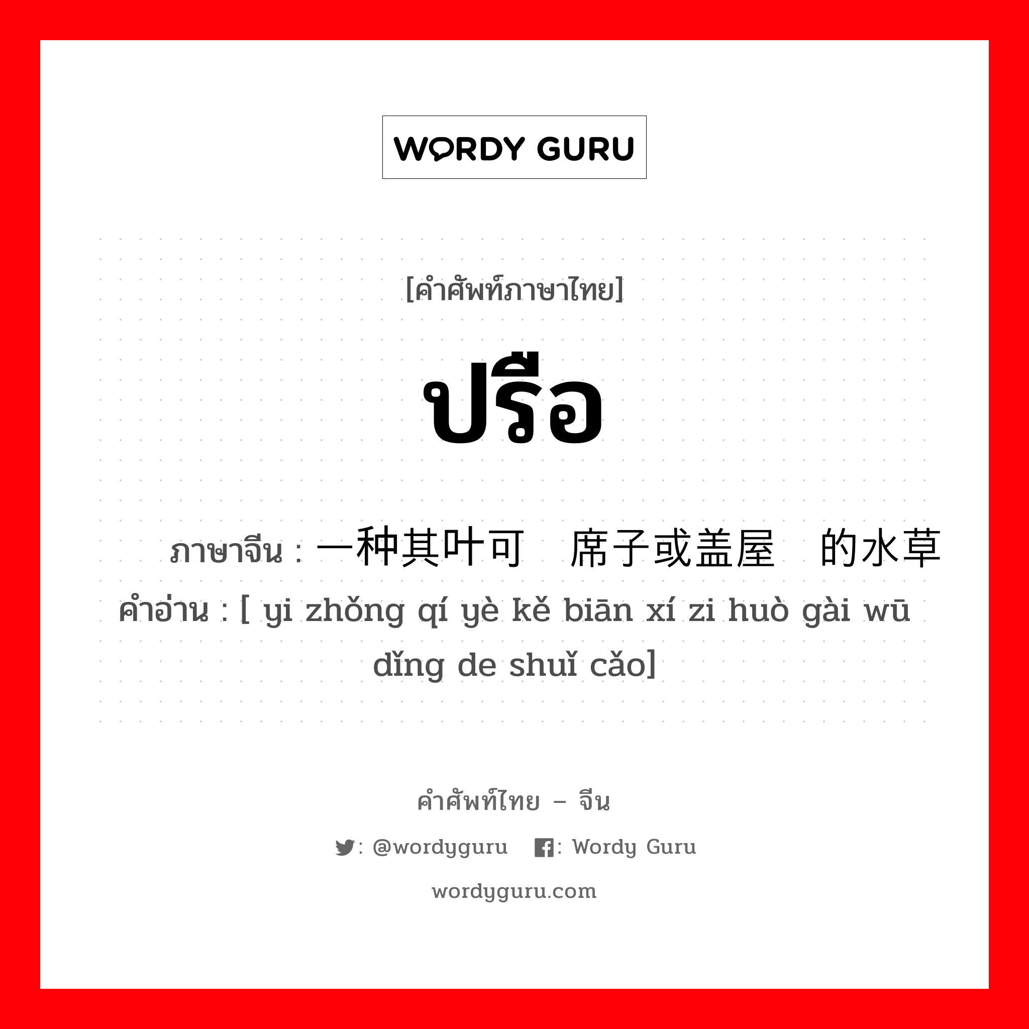 ปรือ ภาษาจีนคืออะไร, คำศัพท์ภาษาไทย - จีน ปรือ ภาษาจีน 一种其叶可编席子或盖屋顶的水草 คำอ่าน [ yi zhǒng qí yè kě biān xí zi huò gài wū dǐng de shuǐ cǎo]