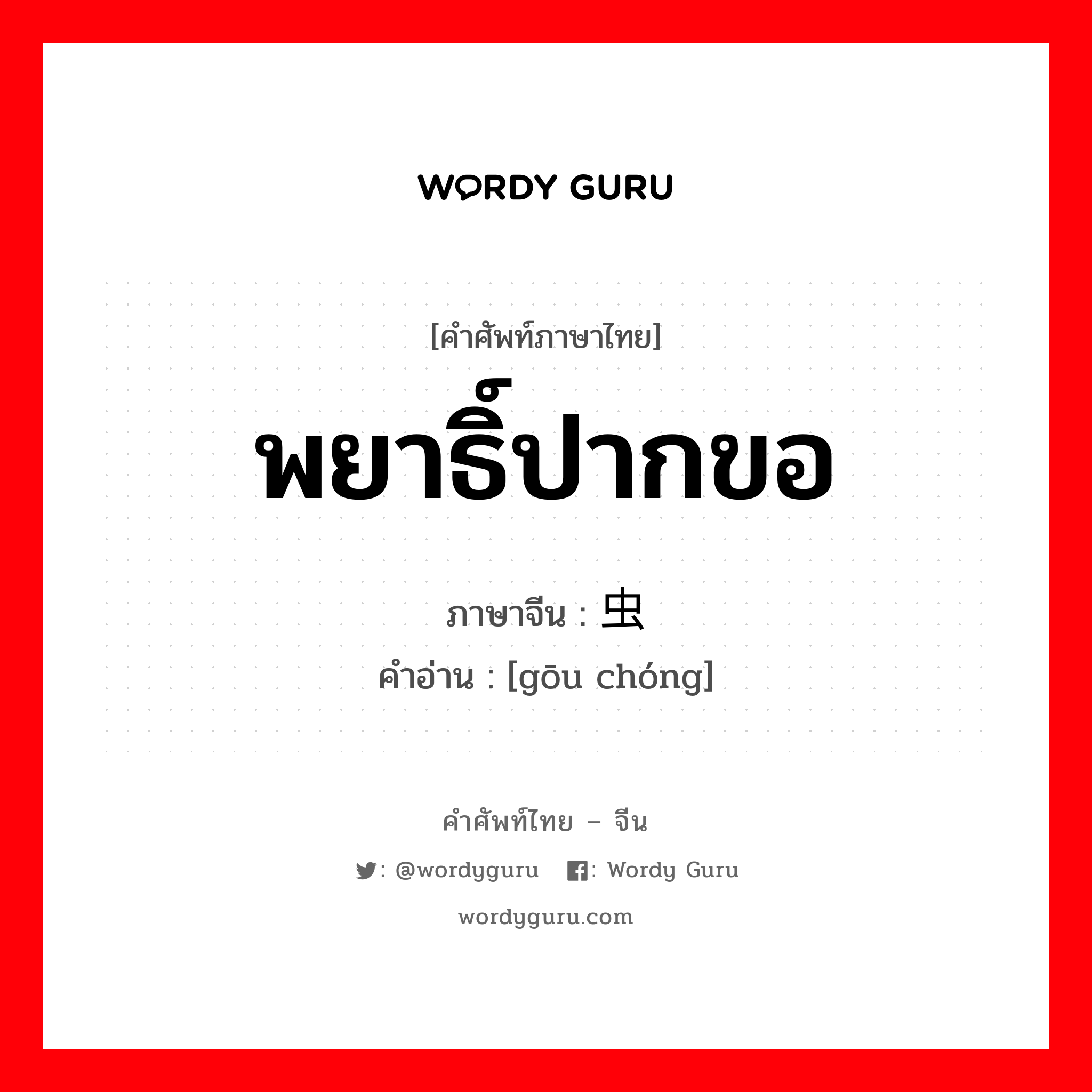 พยาธิ์ปากขอ ภาษาจีนคืออะไร, คำศัพท์ภาษาไทย - จีน พยาธิ์ปากขอ ภาษาจีน 钩虫 คำอ่าน [gōu chóng]