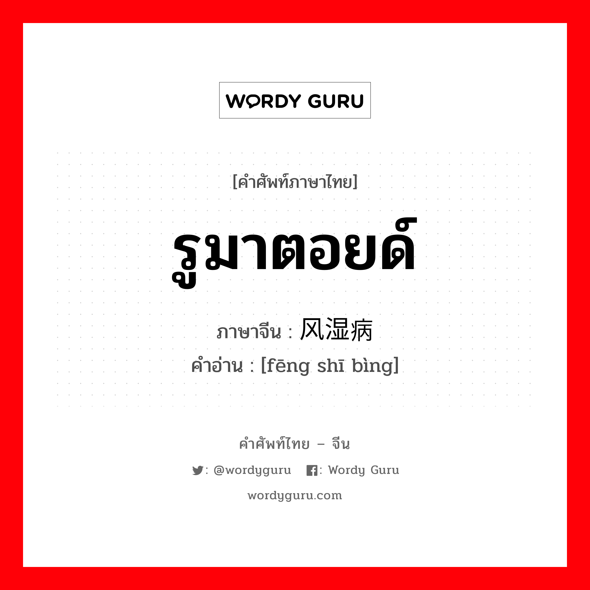 รูมาตอยด์ ภาษาจีนคืออะไร, คำศัพท์ภาษาไทย - จีน รูมาตอยด์ ภาษาจีน 风湿病 คำอ่าน [fēng shī bìng]