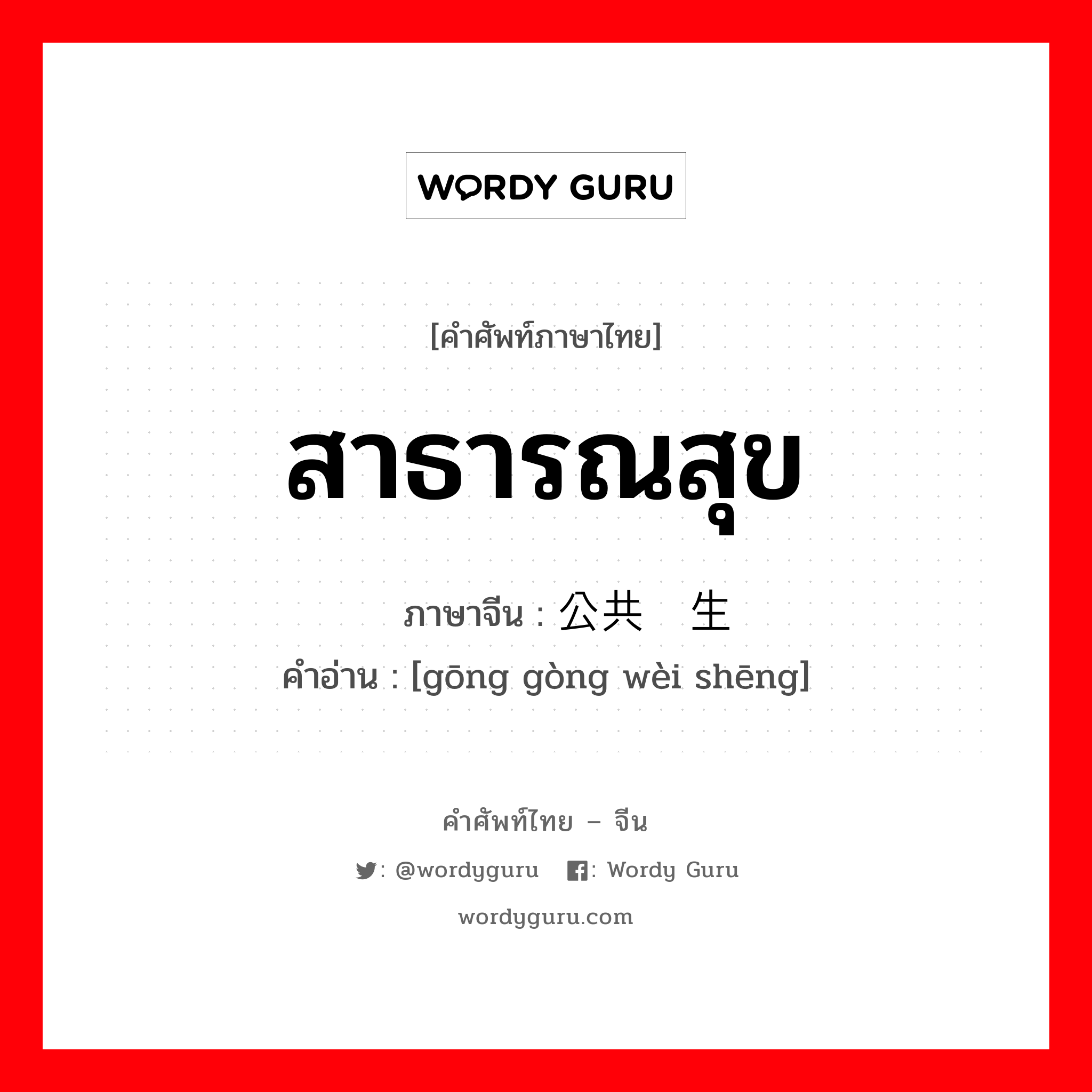 สาธารณสุข ภาษาจีนคืออะไร, คำศัพท์ภาษาไทย - จีน สาธารณสุข ภาษาจีน 公共卫生 คำอ่าน [gōng gòng wèi shēng]