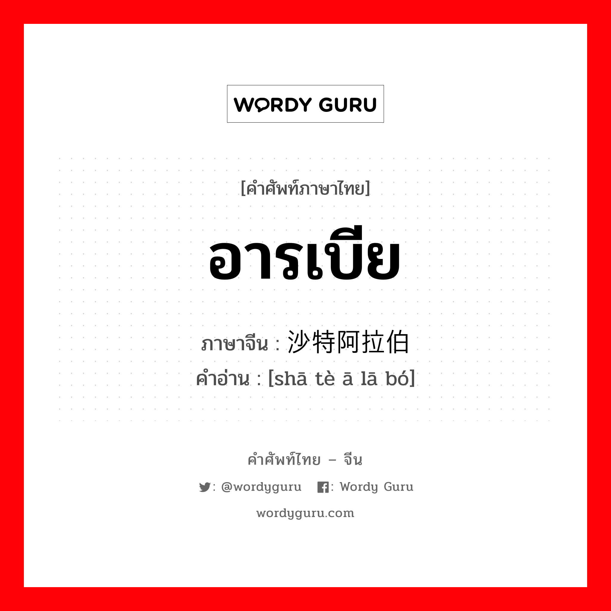 อารเบีย ภาษาจีนคืออะไร, คำศัพท์ภาษาไทย - จีน อารเบีย ภาษาจีน 沙特阿拉伯 คำอ่าน [shā tè ā lā bó]