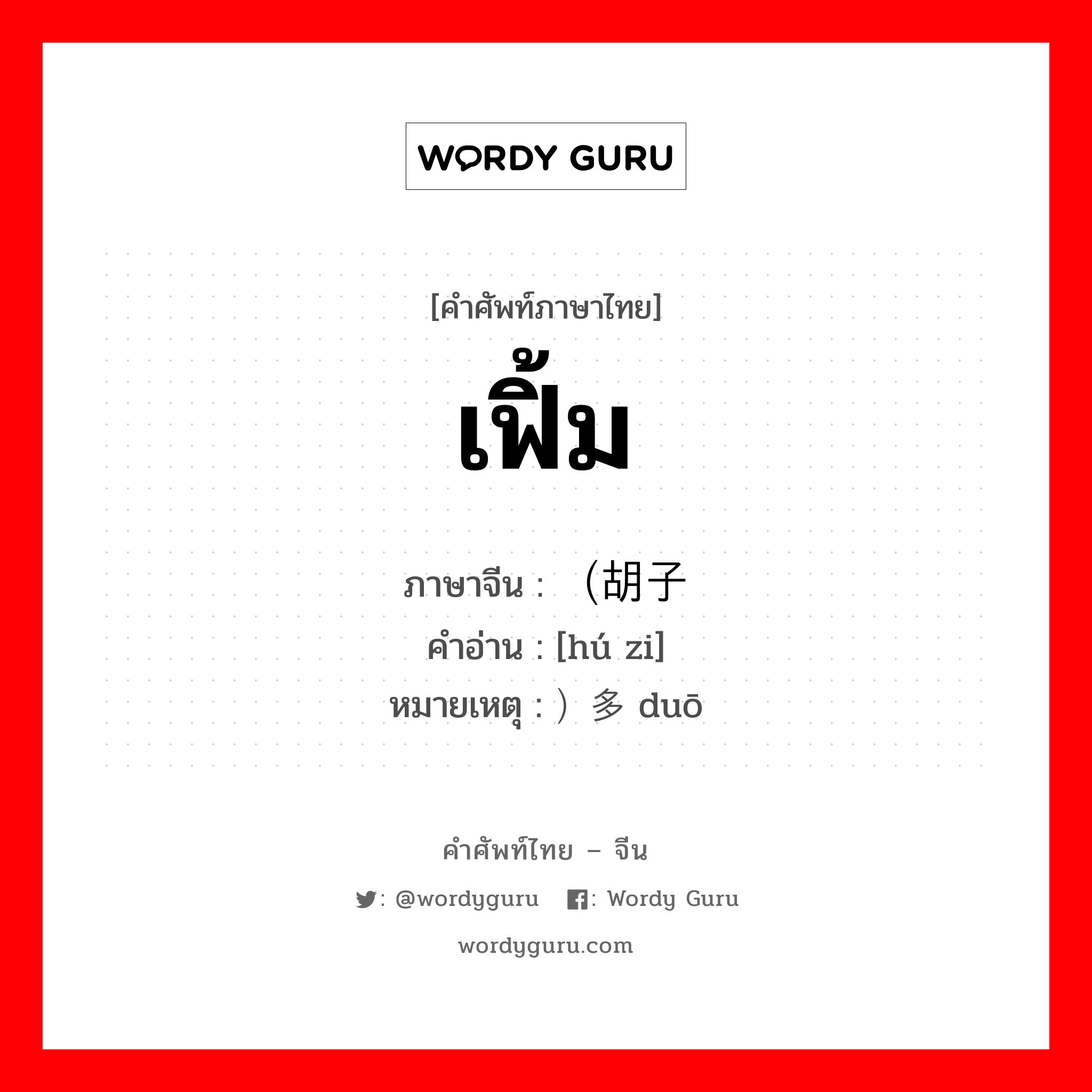 เฟิ้ม ภาษาจีนคืออะไร, คำศัพท์ภาษาไทย - จีน เฟิ้ม ภาษาจีน （胡子 คำอ่าน [hú zi] หมายเหตุ ）多 duō