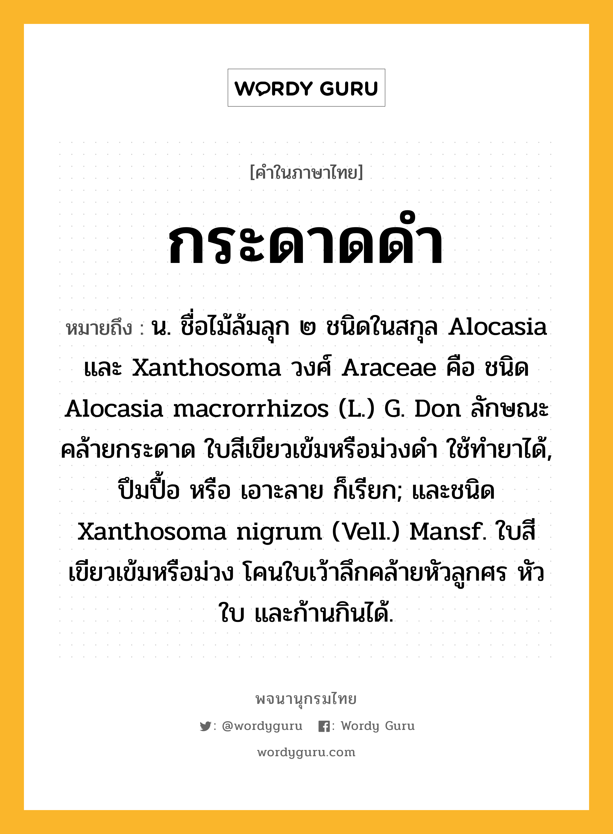 กระดาดดำ ความหมาย หมายถึงอะไร?, คำในภาษาไทย กระดาดดำ หมายถึง น. ชื่อไม้ล้มลุก ๒ ชนิดในสกุล Alocasia และ Xanthosoma วงศ์ Araceae คือ ชนิด Alocasia macrorrhizos (L.) G. Don ลักษณะคล้ายกระดาด ใบสีเขียวเข้มหรือม่วงดำ ใช้ทํายาได้, ปึมปื้อ หรือ เอาะลาย ก็เรียก; และชนิด Xanthosoma nigrum (Vell.) Mansf. ใบสีเขียวเข้มหรือม่วง โคนใบเว้าลึกคล้ายหัวลูกศร หัว ใบ และก้านกินได้.