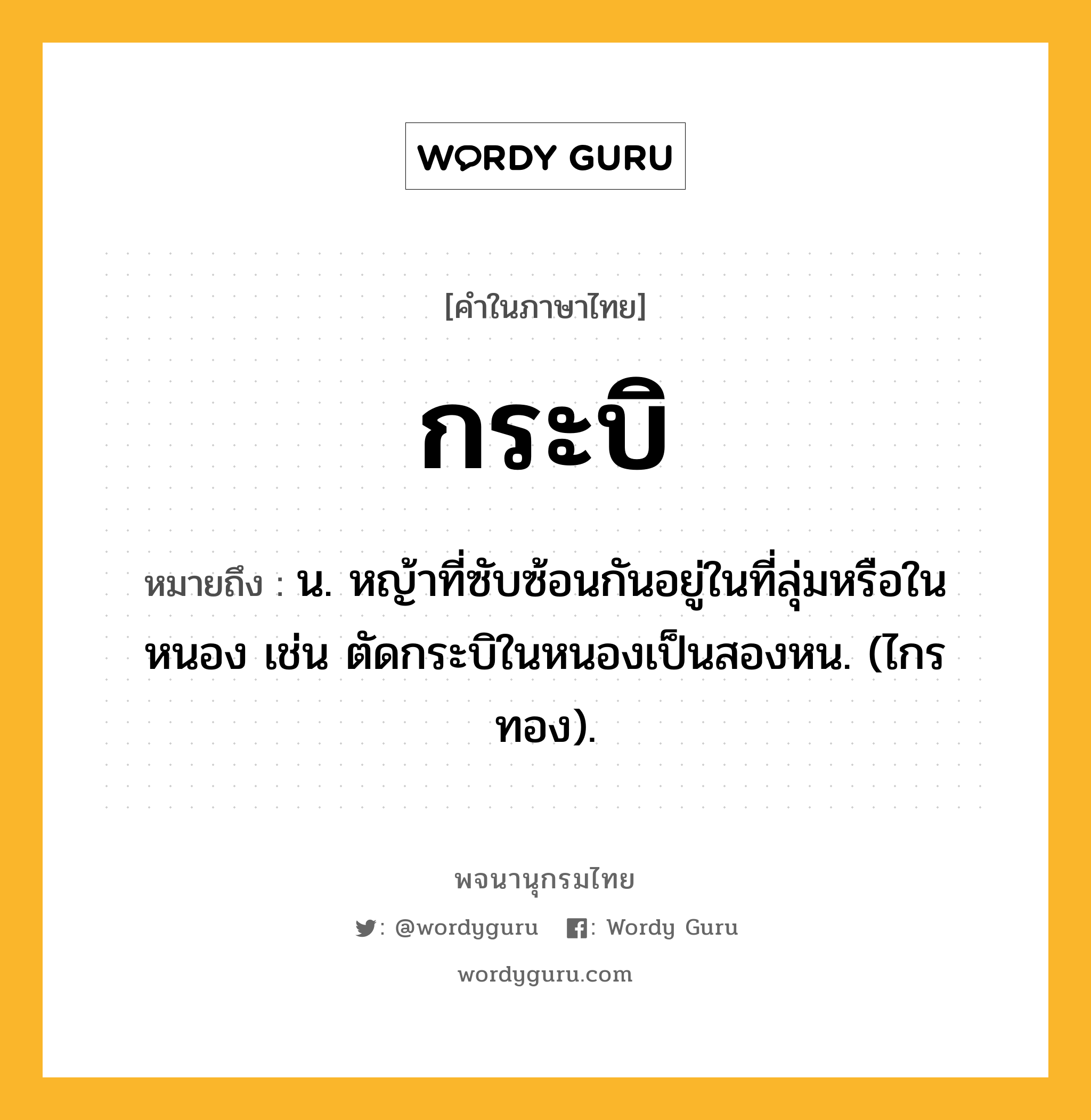 กระบิ ความหมาย หมายถึงอะไร?, คำในภาษาไทย กระบิ หมายถึง น. หญ้าที่ซับซ้อนกันอยู่ในที่ลุ่มหรือในหนอง เช่น ตัดกระบิในหนองเป็นสองหน. (ไกรทอง).