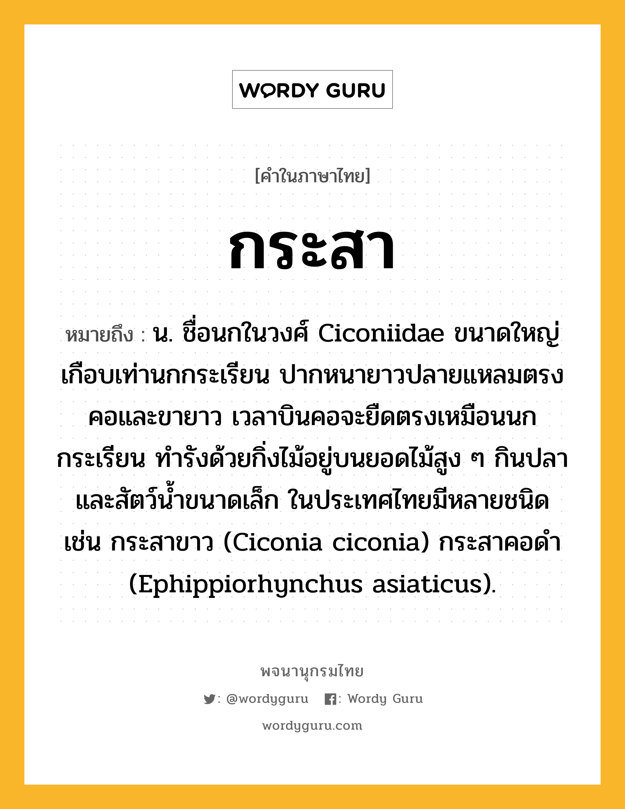กระสา ความหมาย หมายถึงอะไร?, คำในภาษาไทย กระสา หมายถึง น. ชื่อนกในวงศ์ Ciconiidae ขนาดใหญ่เกือบเท่านกกระเรียน ปากหนายาวปลายแหลมตรง คอและขายาว เวลาบินคอจะยืดตรงเหมือนนกกระเรียน ทํารังด้วยกิ่งไม้อยู่บนยอดไม้สูง ๆ กินปลาและสัตว์นํ้าขนาดเล็ก ในประเทศไทยมีหลายชนิด เช่น กระสาขาว (Ciconia ciconia) กระสาคอดํา (Ephippiorhynchus asiaticus).