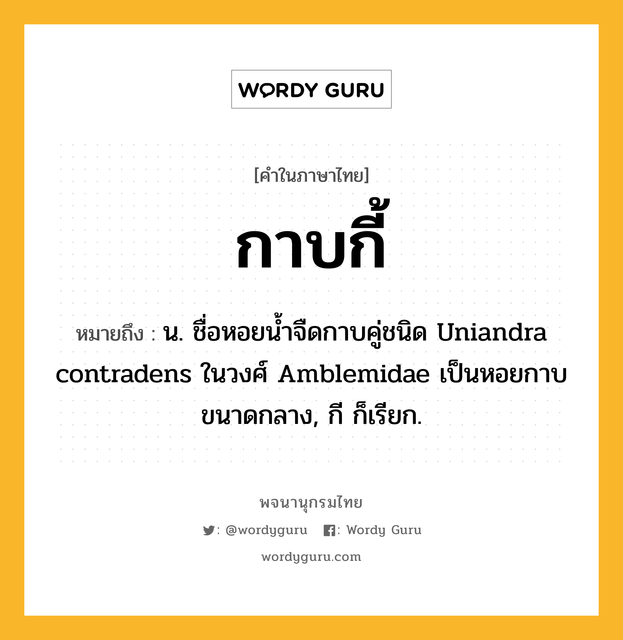 กาบกี้ หมายถึงอะไร?, คำในภาษาไทย กาบกี้ หมายถึง น. ชื่อหอยนํ้าจืดกาบคู่ชนิด Uniandra contradens ในวงศ์ Amblemidae เป็นหอยกาบขนาดกลาง, กี ก็เรียก.