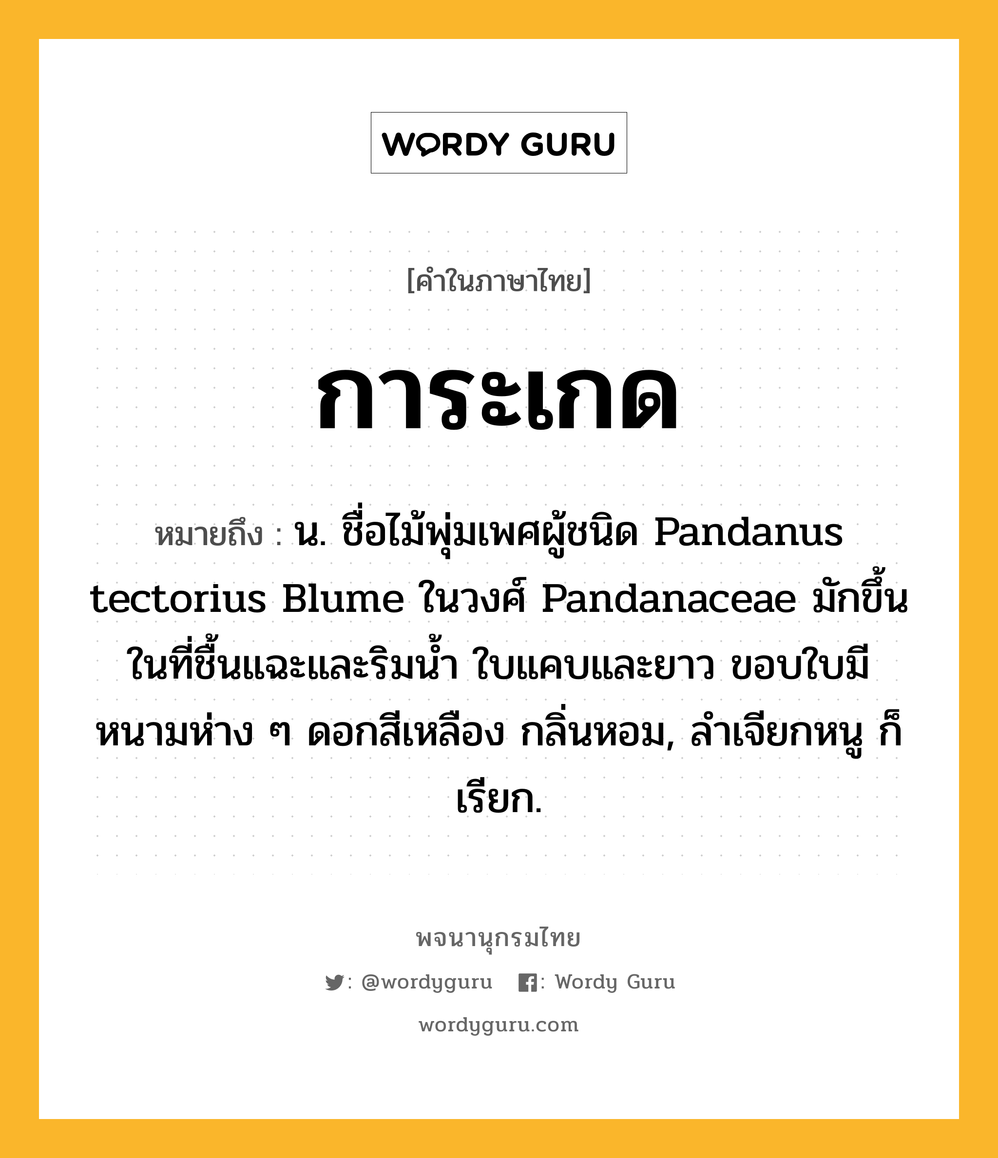 การะเกด หมายถึงอะไร?, คำในภาษาไทย การะเกด หมายถึง น. ชื่อไม้พุ่มเพศผู้ชนิด Pandanus tectorius Blume ในวงศ์ Pandanaceae มักขึ้นในที่ชื้นแฉะและริมนํ้า ใบแคบและยาว ขอบใบมีหนามห่าง ๆ ดอกสีเหลือง กลิ่นหอม, ลําเจียกหนู ก็เรียก.