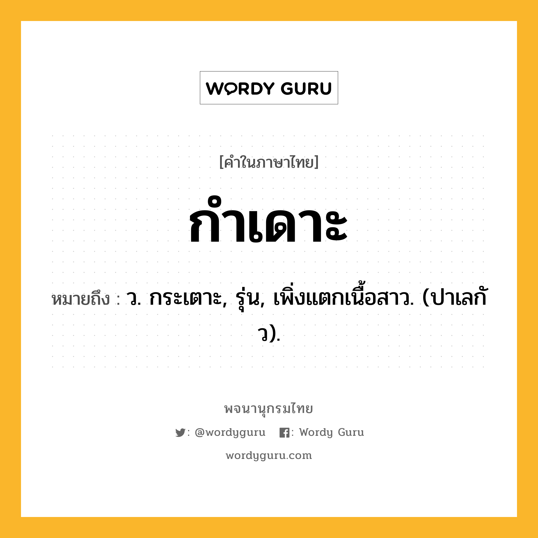 กำเดาะ ความหมาย หมายถึงอะไร?, คำในภาษาไทย กำเดาะ หมายถึง ว. กระเตาะ, รุ่น, เพิ่งแตกเนื้อสาว. (ปาเลกัว).