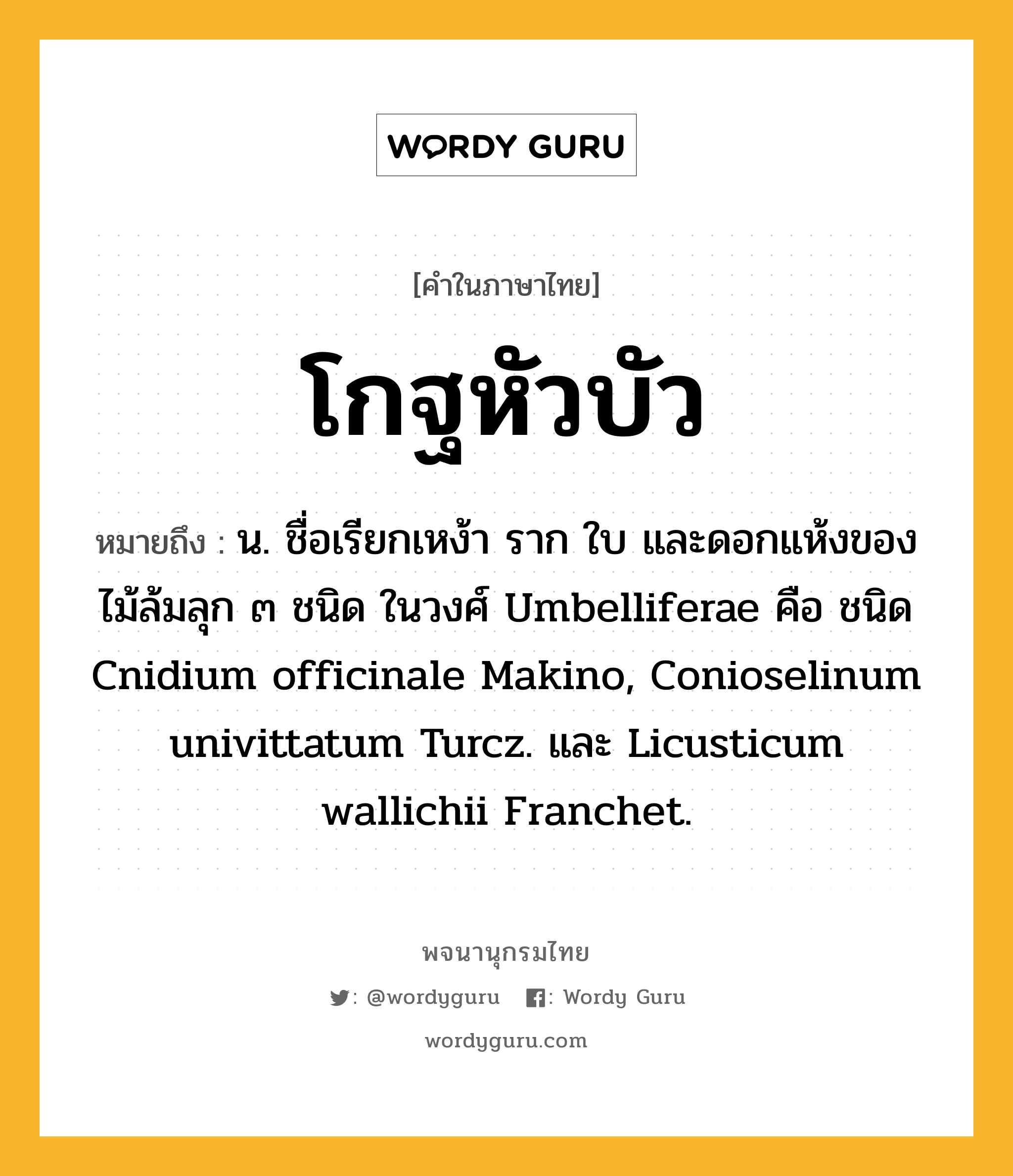 โกฐหัวบัว หมายถึงอะไร?, คำในภาษาไทย โกฐหัวบัว หมายถึง น. ชื่อเรียกเหง้า ราก ใบ และดอกแห้งของไม้ล้มลุก ๓ ชนิด ในวงศ์ Umbelliferae คือ ชนิด Cnidium officinale Makino, Conioselinum univittatum Turcz. และ Licusticum wallichii Franchet.