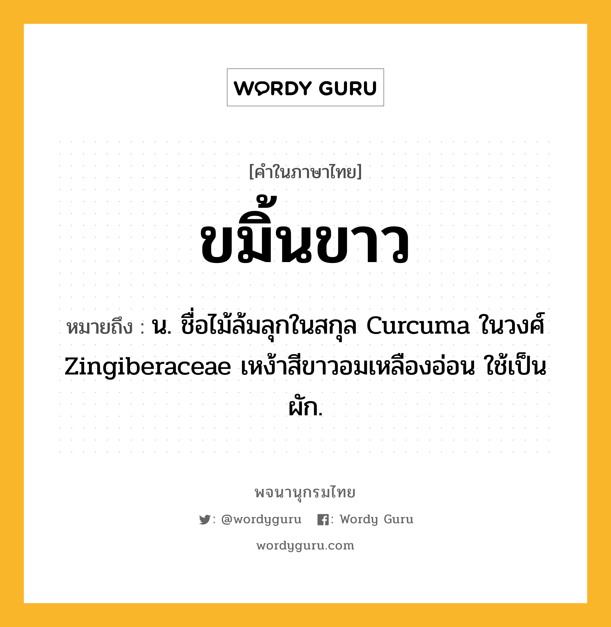 ขมิ้นขาว หมายถึงอะไร?, คำในภาษาไทย ขมิ้นขาว หมายถึง น. ชื่อไม้ล้มลุกในสกุล Curcuma ในวงศ์ Zingiberaceae เหง้าสีขาวอมเหลืองอ่อน ใช้เป็นผัก.