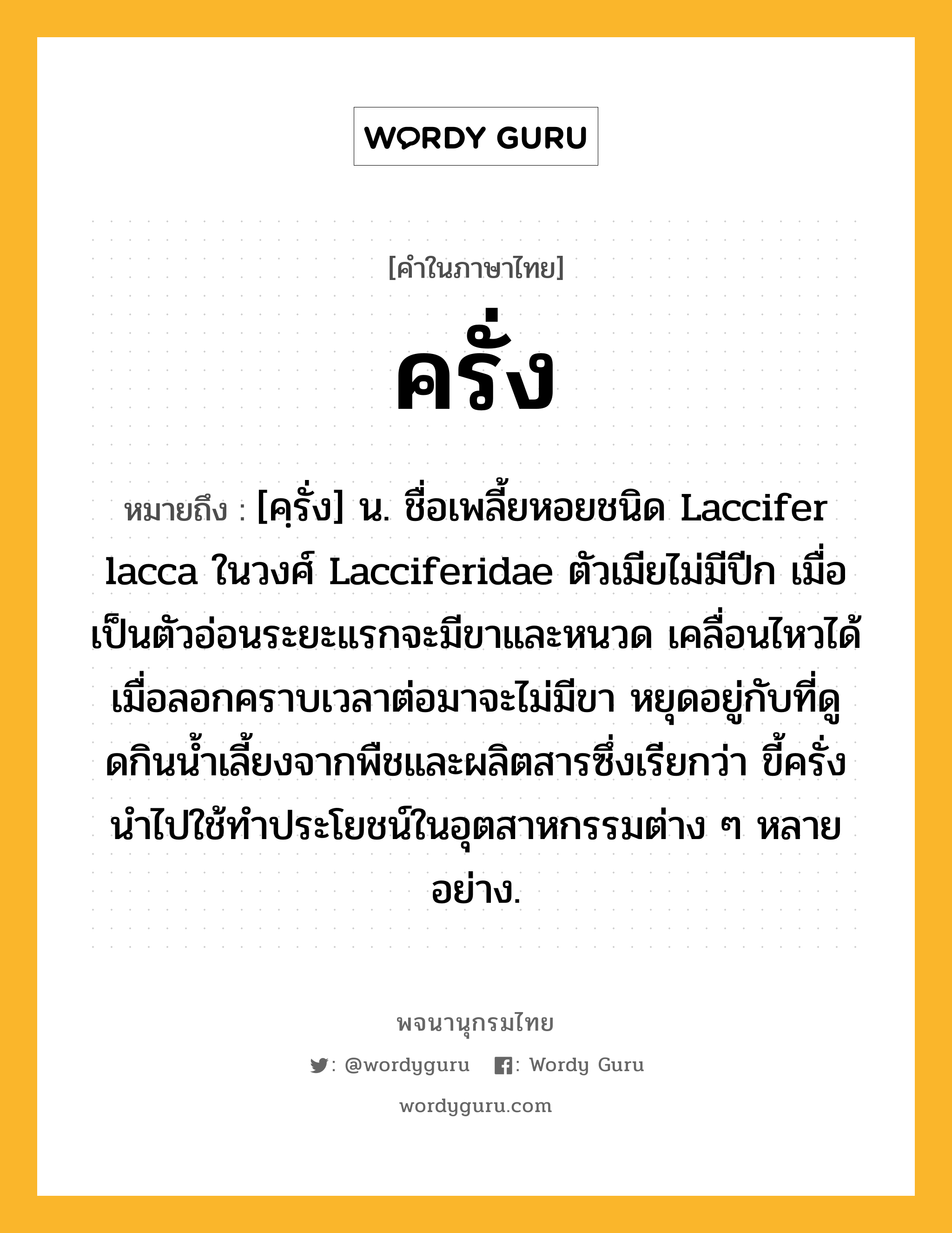 ครั่ง ความหมาย หมายถึงอะไร?, คำในภาษาไทย ครั่ง หมายถึง [คฺรั่ง] น. ชื่อเพลี้ยหอยชนิด Laccifer lacca ในวงศ์ Lacciferidae ตัวเมียไม่มีปีก เมื่อเป็นตัวอ่อนระยะแรกจะมีขาและหนวด เคลื่อนไหวได้ เมื่อลอกคราบเวลาต่อมาจะไม่มีขา หยุดอยู่กับที่ดูดกินนํ้าเลี้ยงจากพืชและผลิตสารซึ่งเรียกว่า ขี้ครั่ง นําไปใช้ทําประโยชน์ในอุตสาหกรรมต่าง ๆ หลายอย่าง.