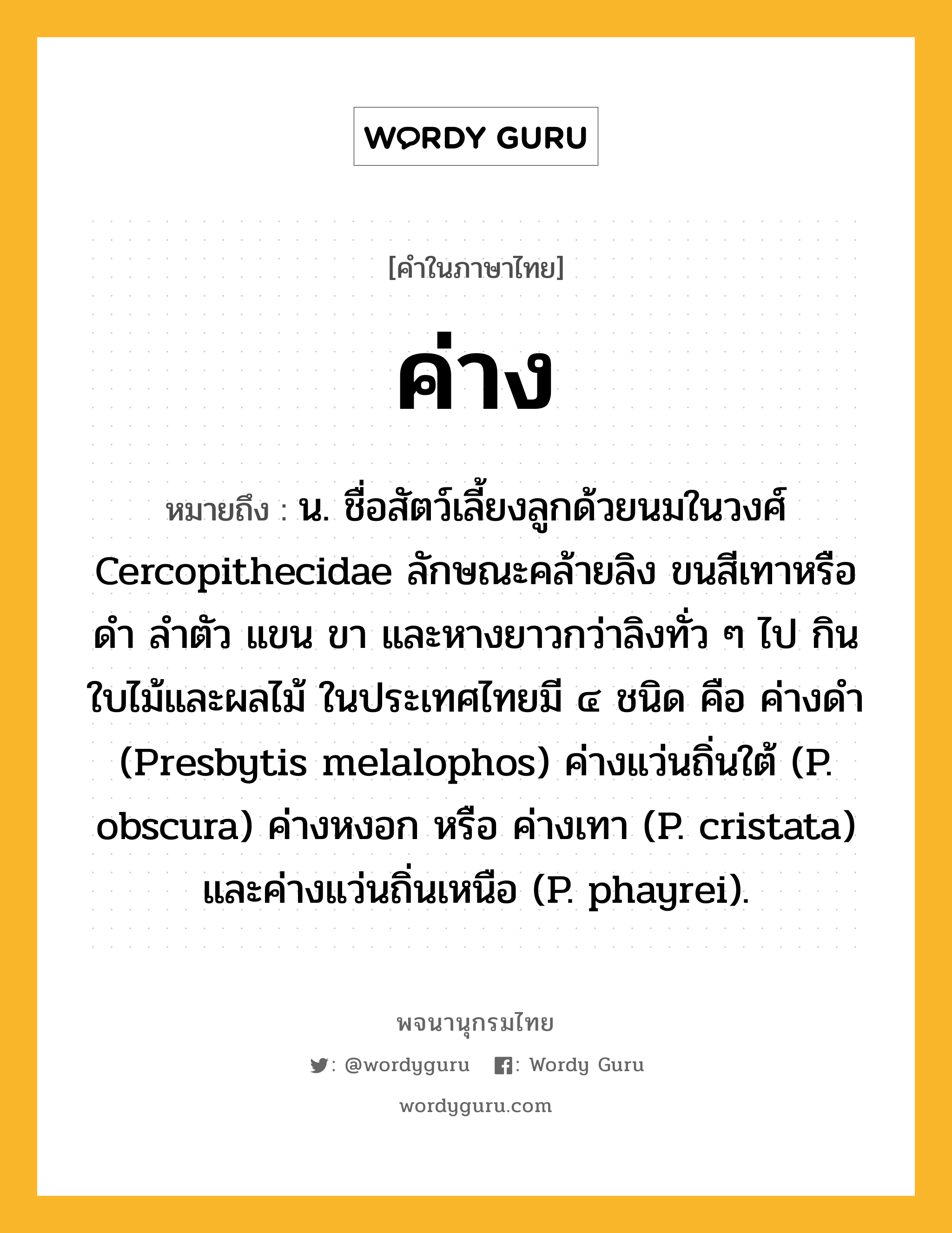 ค่าง ความหมาย หมายถึงอะไร?, คำในภาษาไทย ค่าง หมายถึง น. ชื่อสัตว์เลี้ยงลูกด้วยนมในวงศ์ Cercopithecidae ลักษณะคล้ายลิง ขนสีเทาหรือดํา ลําตัว แขน ขา และหางยาวกว่าลิงทั่ว ๆ ไป กินใบไม้และผลไม้ ในประเทศไทยมี ๔ ชนิด คือ ค่างดํา (Presbytis melalophos) ค่างแว่นถิ่นใต้ (P. obscura) ค่างหงอก หรือ ค่างเทา (P. cristata) และค่างแว่นถิ่นเหนือ (P. phayrei).