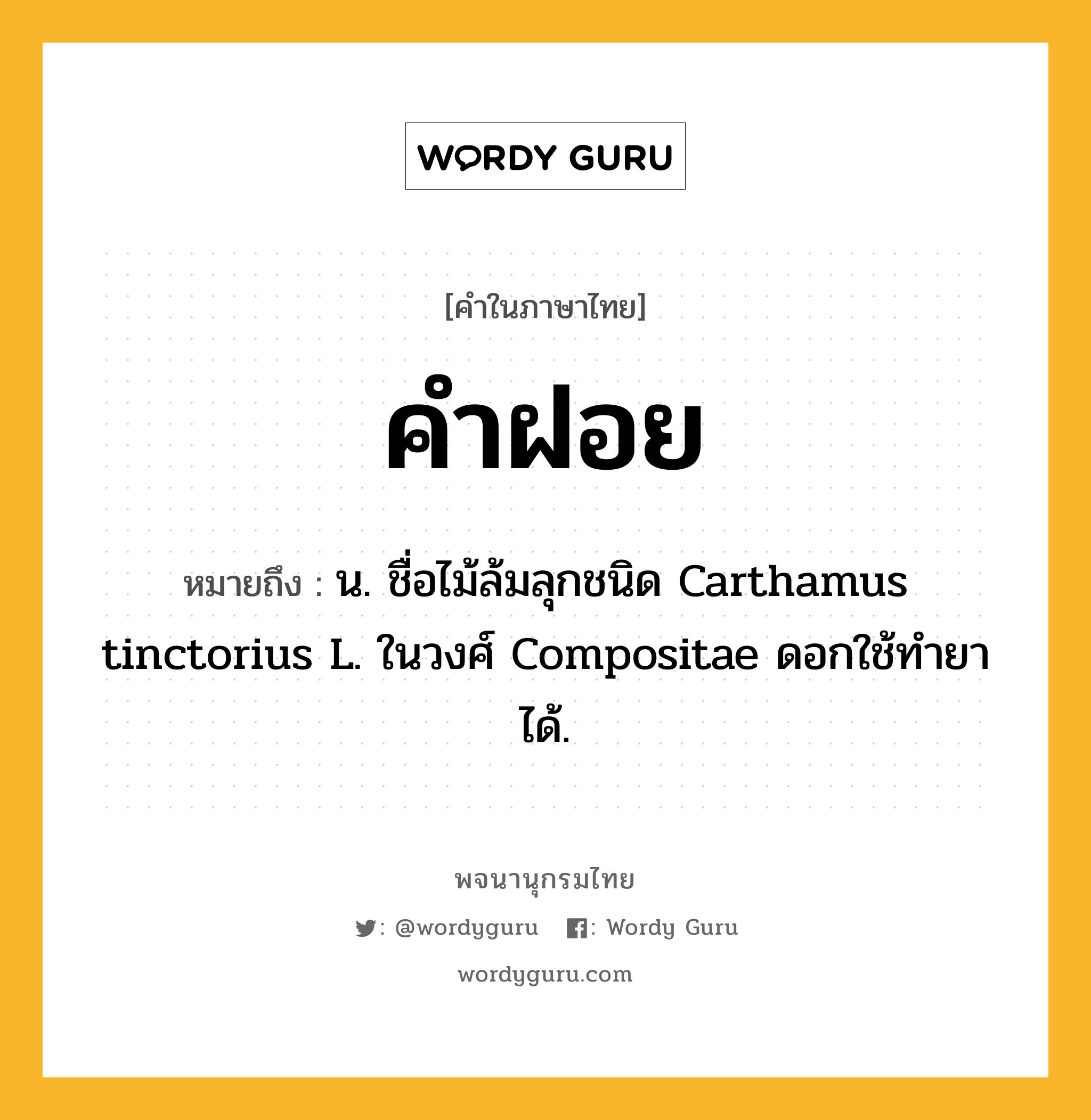 คำฝอย ความหมาย หมายถึงอะไร?, คำในภาษาไทย คำฝอย หมายถึง น. ชื่อไม้ล้มลุกชนิด Carthamus tinctorius L. ในวงศ์ Compositae ดอกใช้ทํายาได้.