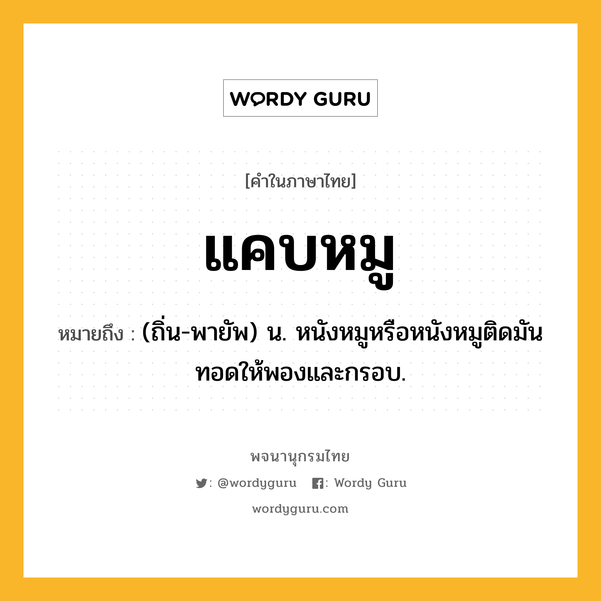 แคบหมู ความหมาย หมายถึงอะไร?, คำในภาษาไทย แคบหมู หมายถึง (ถิ่น-พายัพ) น. หนังหมูหรือหนังหมูติดมันทอดให้พองและกรอบ.