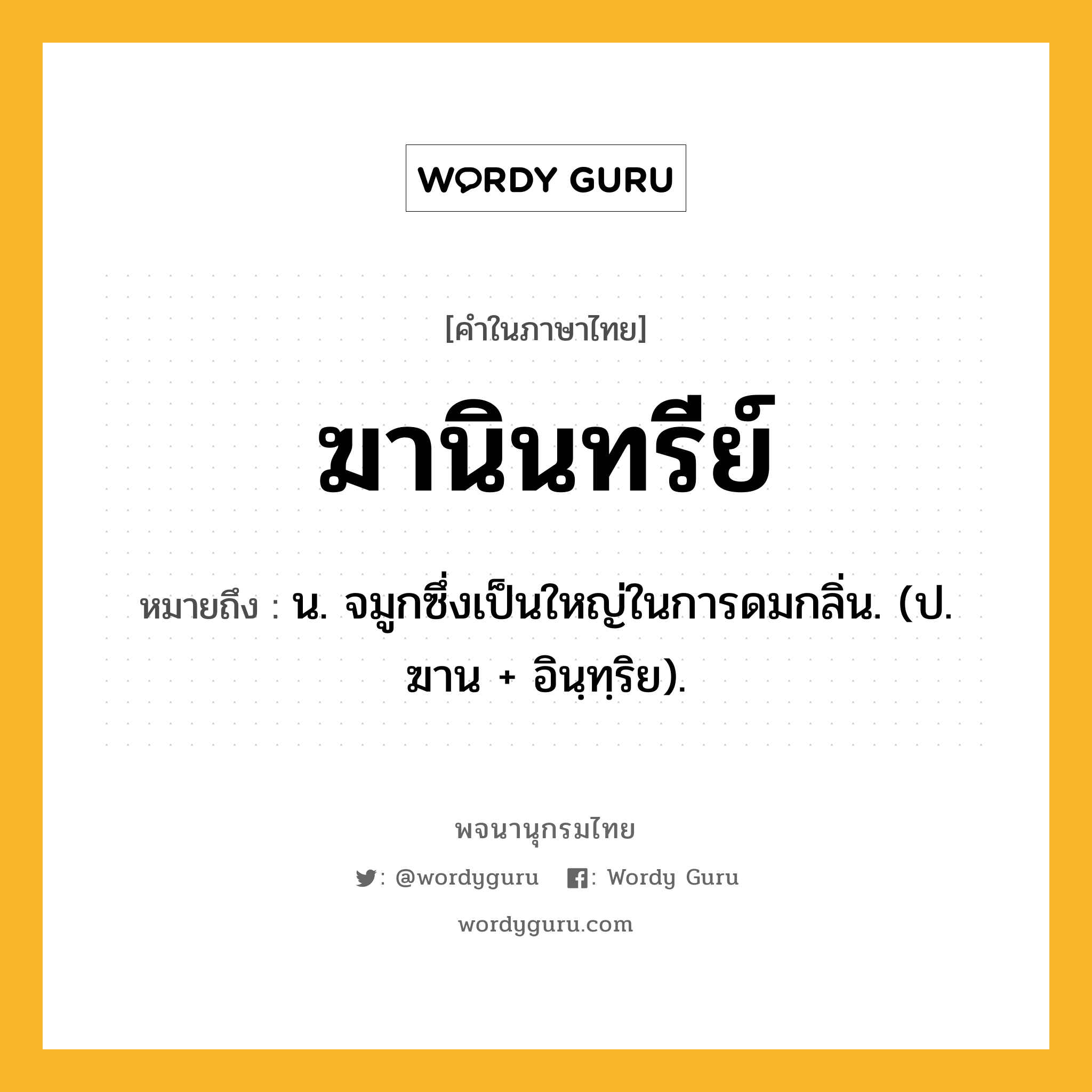ฆานินทรีย์ ความหมาย หมายถึงอะไร?, คำในภาษาไทย ฆานินทรีย์ หมายถึง น. จมูกซึ่งเป็นใหญ่ในการดมกลิ่น. (ป. ฆาน + อินฺทฺริย).