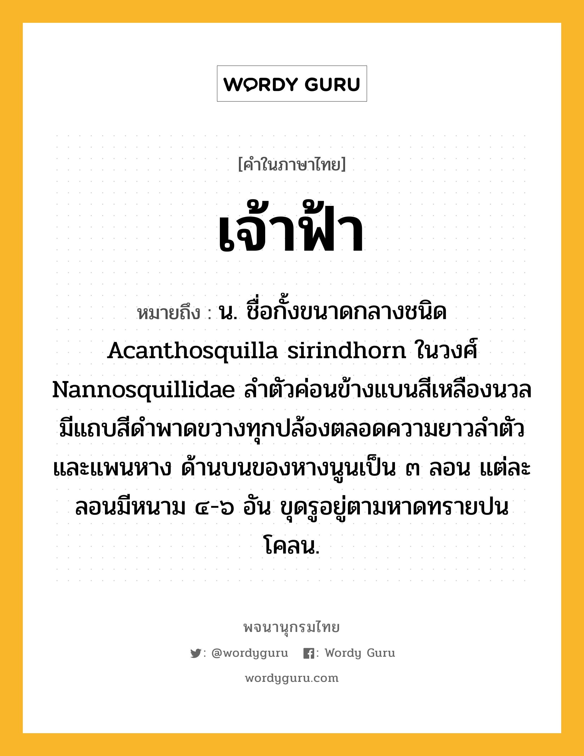 เจ้าฟ้า ความหมาย หมายถึงอะไร?, คำในภาษาไทย เจ้าฟ้า หมายถึง น. ชื่อกั้งขนาดกลางชนิด Acanthosquilla sirindhorn ในวงศ์ Nannosquillidae ลำตัวค่อนข้างแบนสีเหลืองนวล มีแถบสีดำพาดขวางทุกปล้องตลอดความยาวลำตัวและแพนหาง ด้านบนของหางนูนเป็น ๓ ลอน แต่ละลอนมีหนาม ๔-๖ อัน ขุดรูอยู่ตามหาดทรายปนโคลน.
