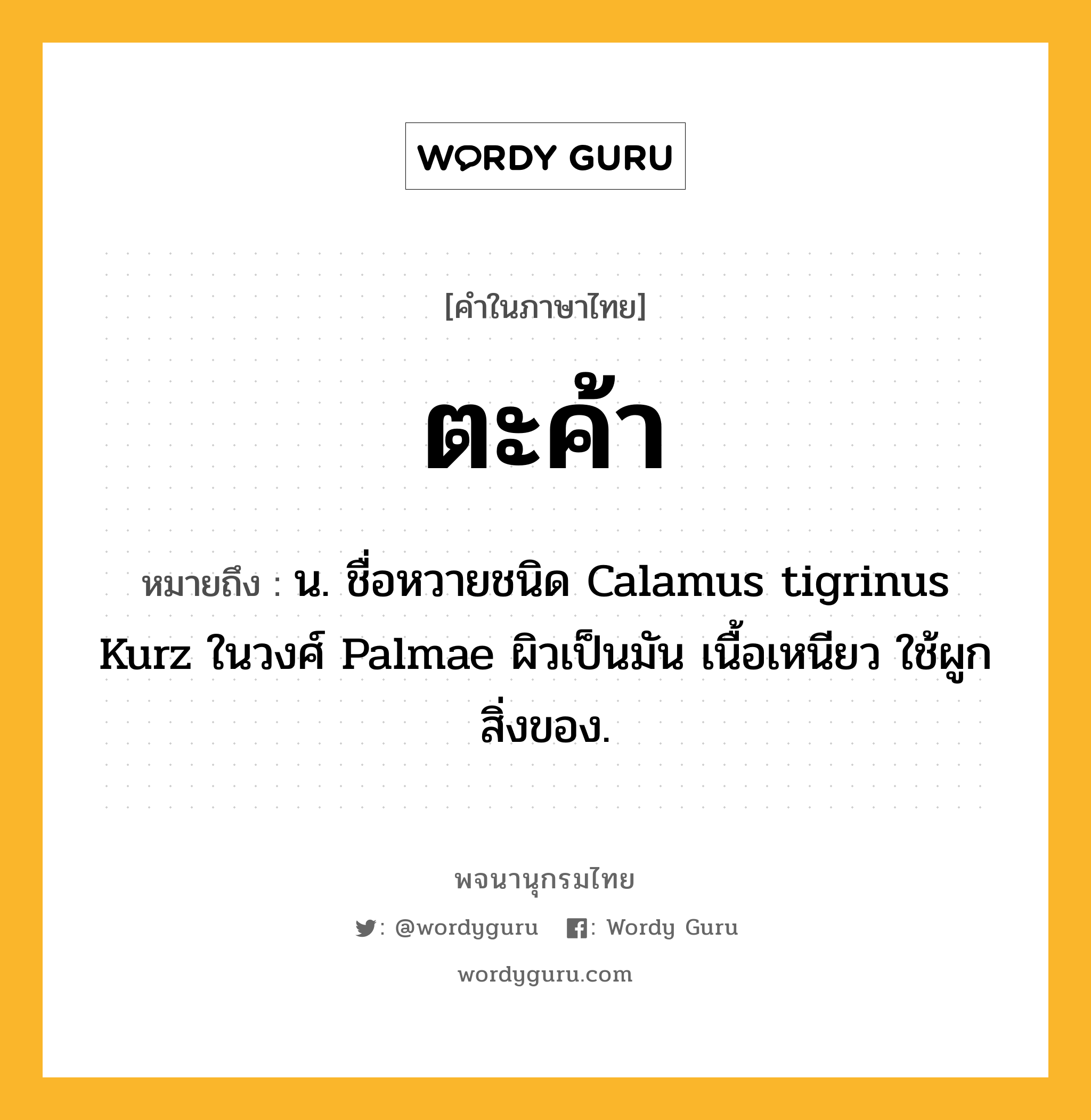 ตะค้า ความหมาย หมายถึงอะไร?, คำในภาษาไทย ตะค้า หมายถึง น. ชื่อหวายชนิด Calamus tigrinus Kurz ในวงศ์ Palmae ผิวเป็นมัน เนื้อเหนียว ใช้ผูกสิ่งของ.