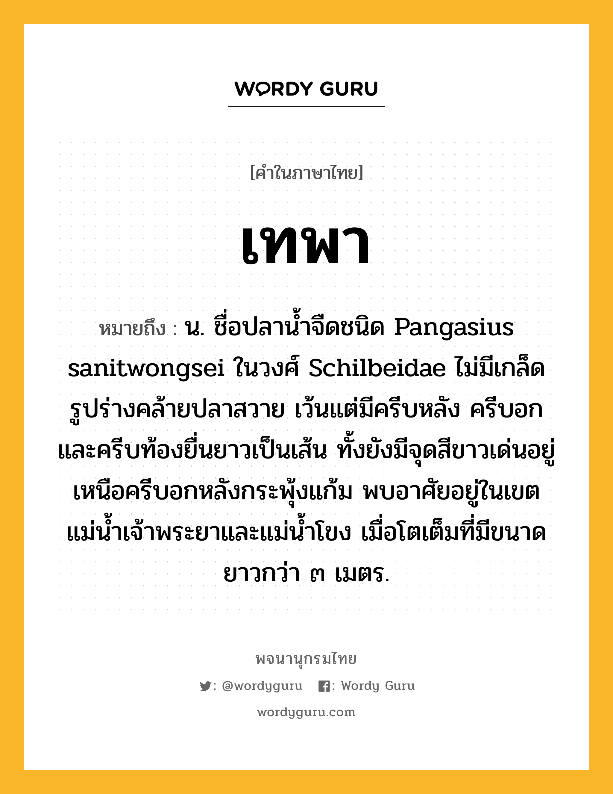 เทพา หมายถึงอะไร?, คำในภาษาไทย เทพา หมายถึง น. ชื่อปลานํ้าจืดชนิด Pangasius sanitwongsei ในวงศ์ Schilbeidae ไม่มีเกล็ด รูปร่างคล้ายปลาสวาย เว้นแต่มีครีบหลัง ครีบอก และครีบท้องยื่นยาวเป็นเส้น ทั้งยังมีจุดสีขาวเด่นอยู่เหนือครีบอกหลังกระพุ้งแก้ม พบอาศัยอยู่ในเขตแม่นํ้าเจ้าพระยาและแม่นํ้าโขง เมื่อโตเต็มที่มีขนาดยาวกว่า ๓ เมตร.