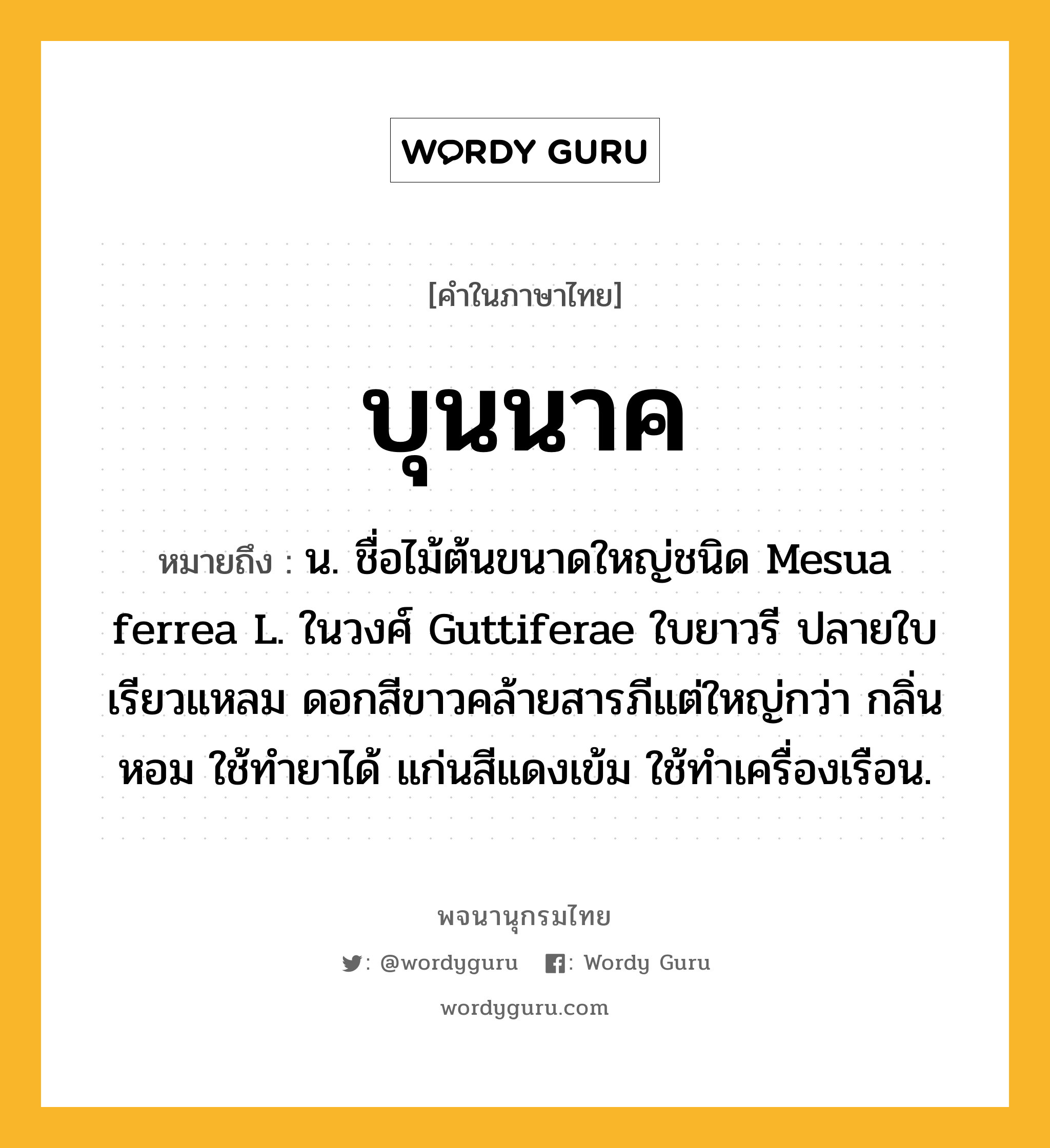 บุนนาค ความหมาย หมายถึงอะไร?, คำในภาษาไทย บุนนาค หมายถึง น. ชื่อไม้ต้นขนาดใหญ่ชนิด Mesua ferrea L. ในวงศ์ Guttiferae ใบยาวรี ปลายใบเรียวแหลม ดอกสีขาวคล้ายสารภีแต่ใหญ่กว่า กลิ่นหอม ใช้ทํายาได้ แก่นสีแดงเข้ม ใช้ทําเครื่องเรือน.