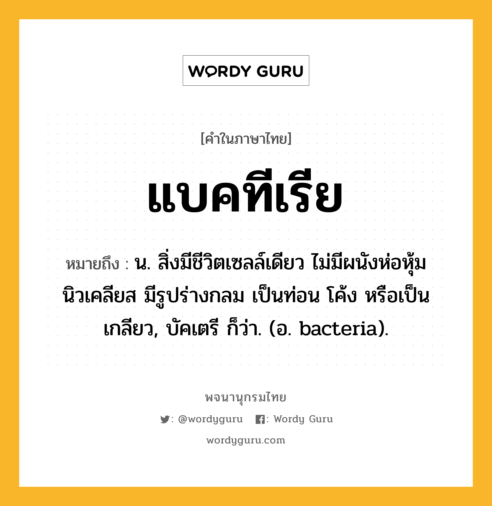 แบคทีเรีย หมายถึงอะไร?, คำในภาษาไทย แบคทีเรีย หมายถึง น. สิ่งมีชีวิตเซลล์เดียว ไม่มีผนังห่อหุ้มนิวเคลียส มีรูปร่างกลม เป็นท่อน โค้ง หรือเป็นเกลียว, บัคเตรี ก็ว่า. (อ. bacteria).